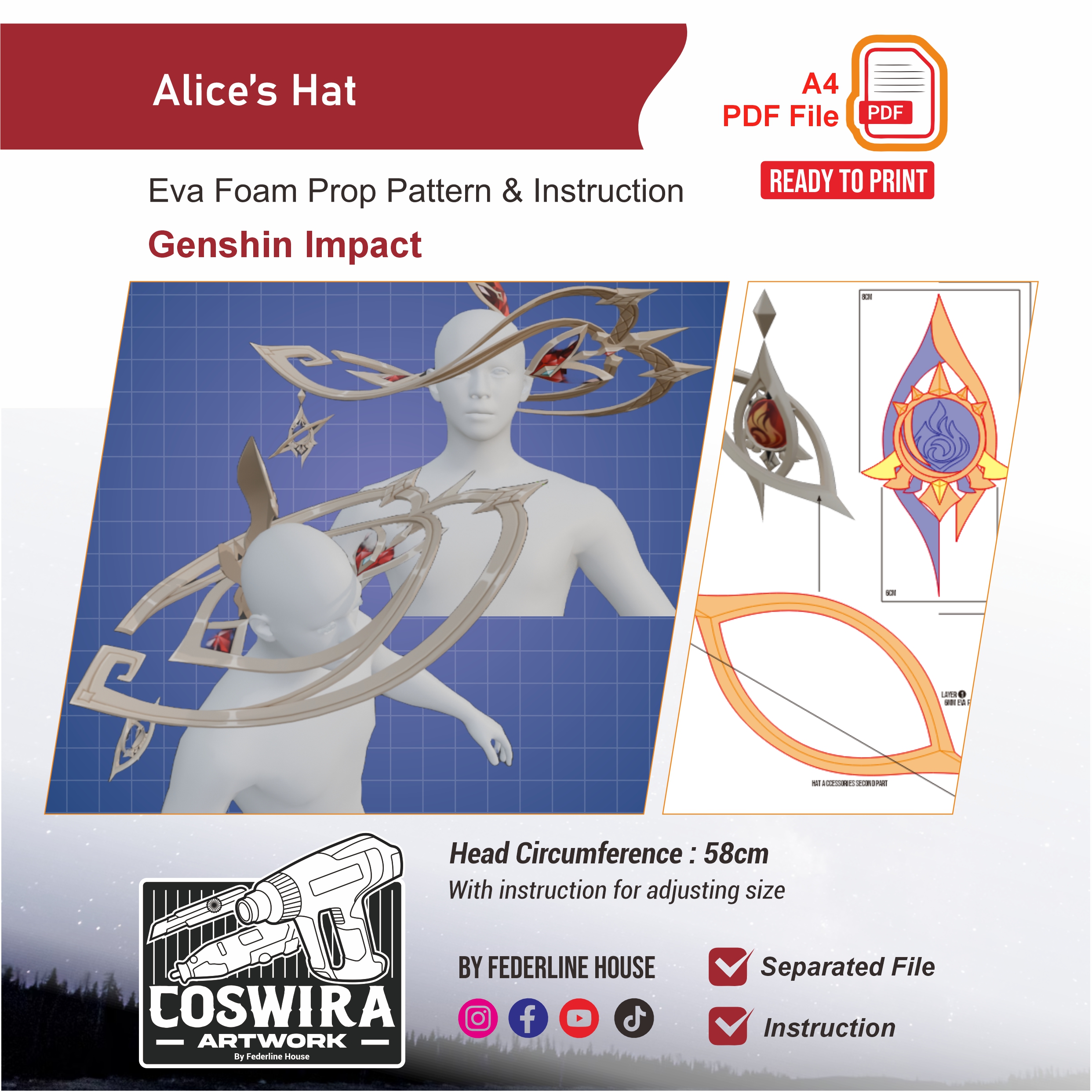 Alice Hat Prop Pattern β Template EVA Foam untuk Cosplay (Genshin Impact)