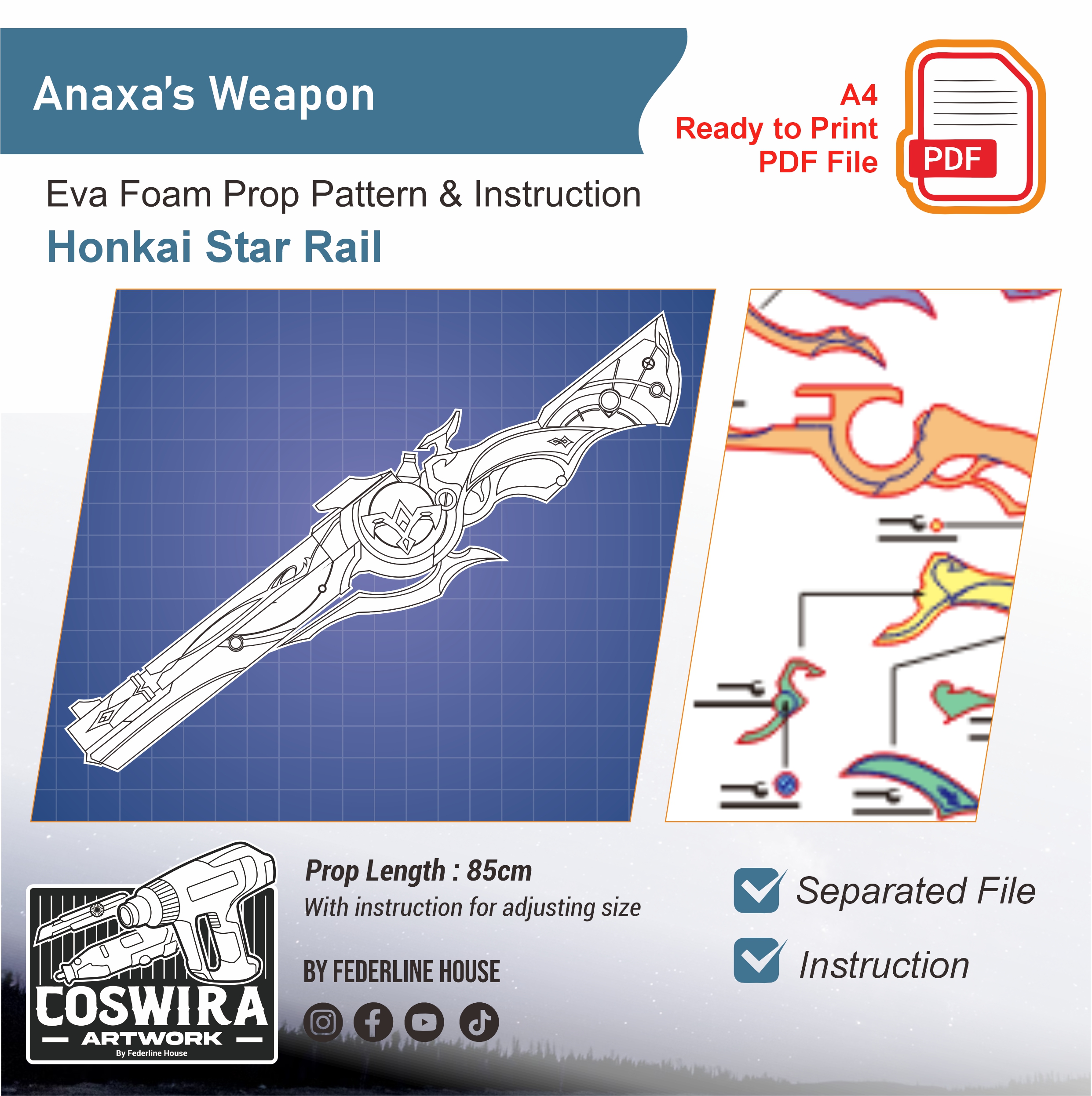 Anaxa Weapon Prop Pattern β Template EVA Foam untuk Cosplay (Honkai: Star Rail)