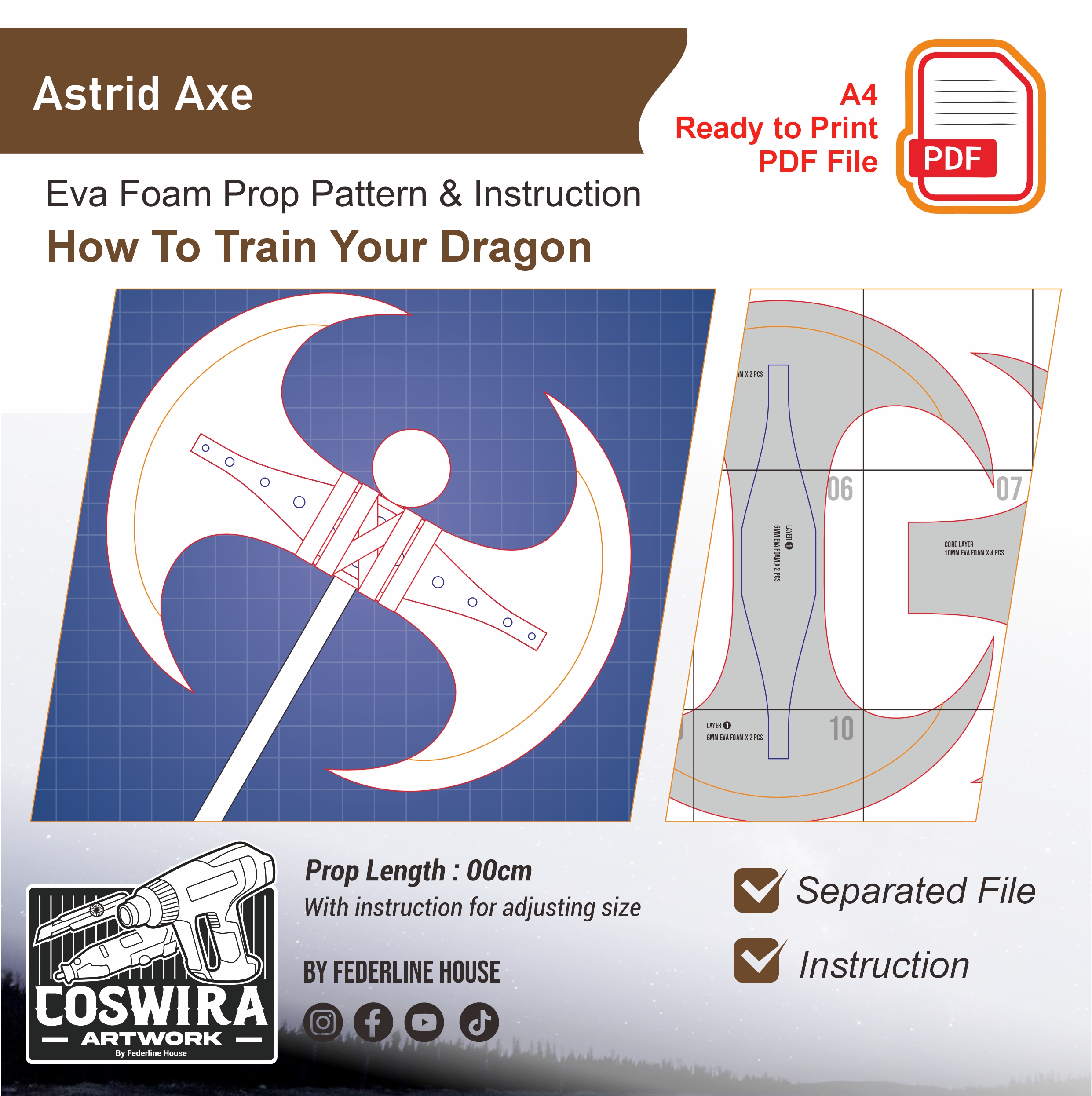 Astrid Axe Prop Pattern β Template EVA Foam untuk Cosplay (How To Train Your Dragon)