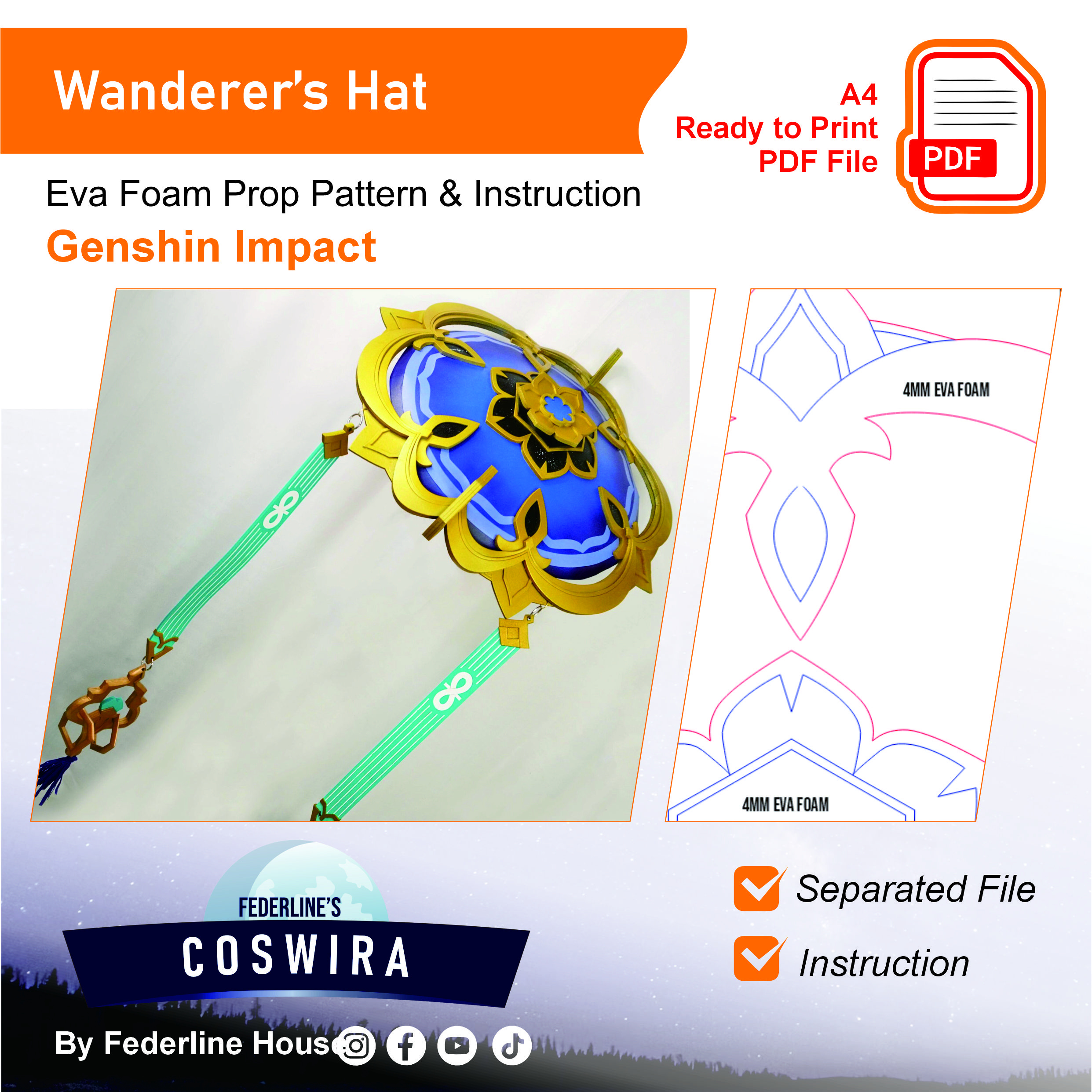 Wanderer Hat Prop Pattern – Template EVA Foam untuk Cosplay (Genshin Impact)