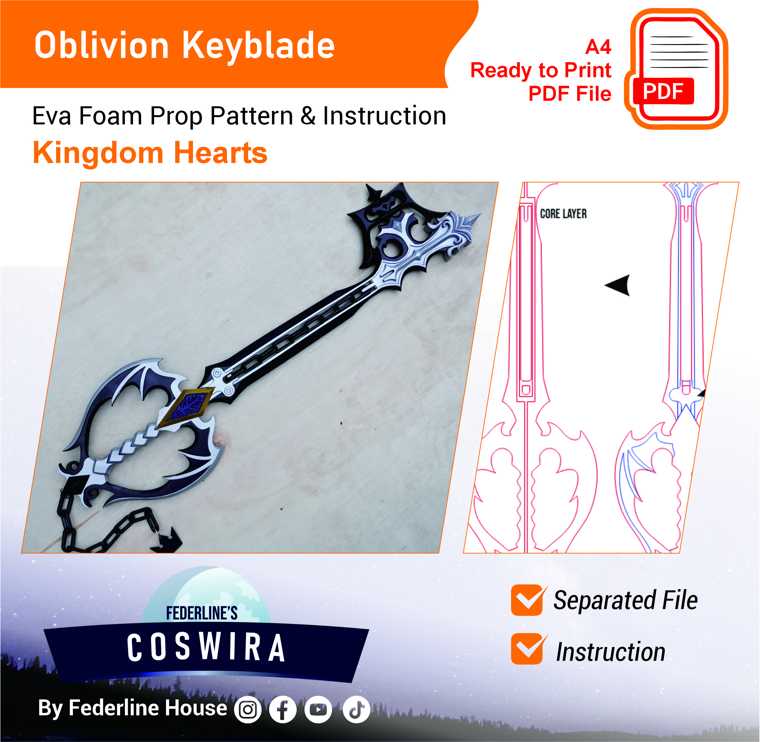 Keyblade Oblivion Prop Pattern β Template EVA Foam untuk Cosplay (Kingdom Hearts)
