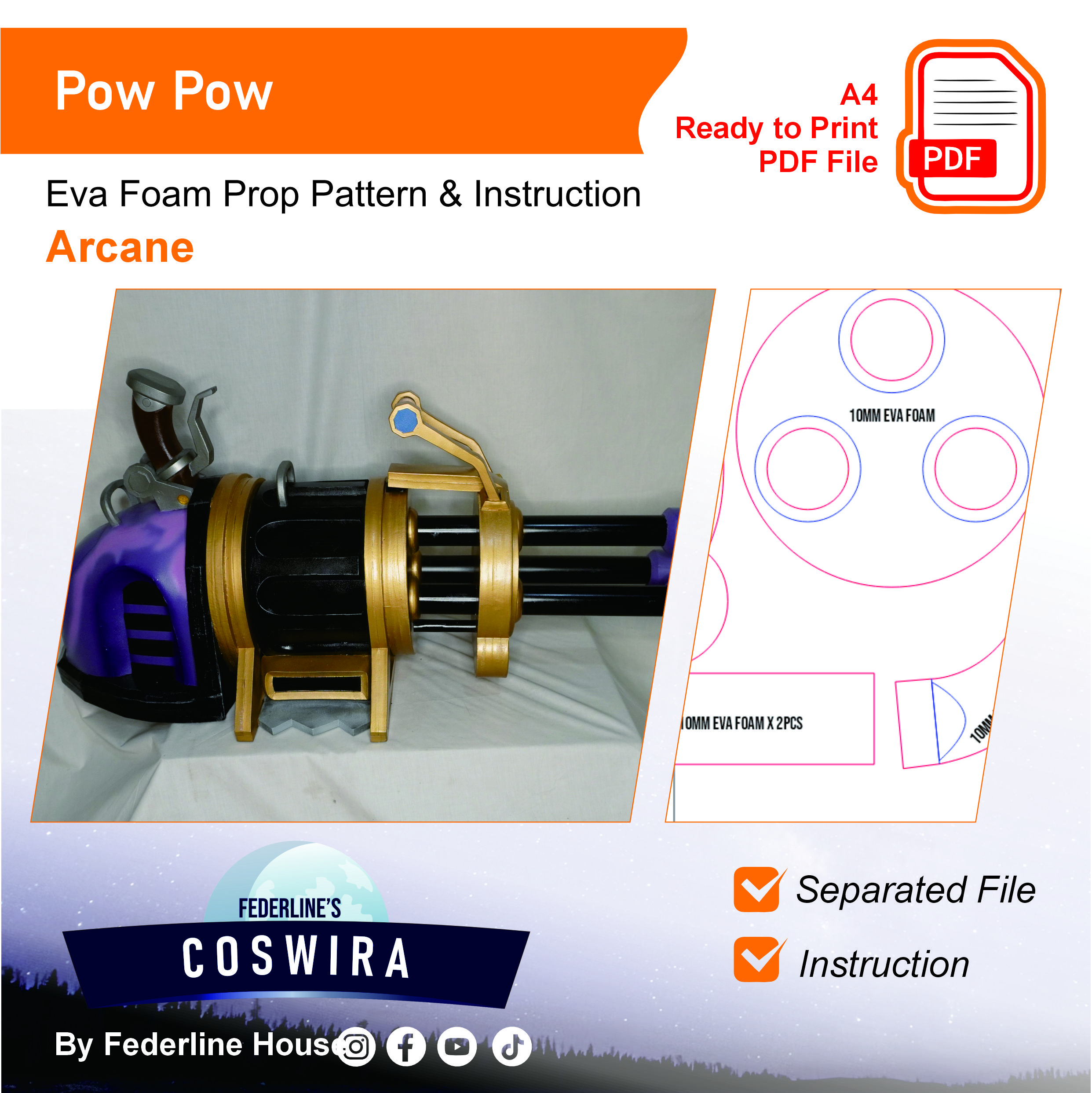 Pow-Pow Prop Pattern β Template EVA Foam untuk Cosplay Weapon (Arcane / LoL)