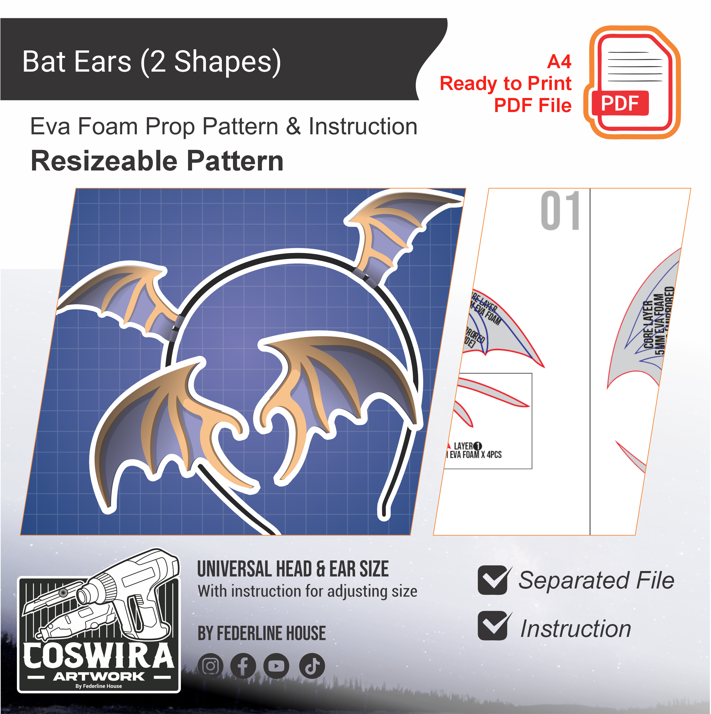 Cosplay Bat Ear Prop Pattern β Template EVA Foam untuk Cosplay Accessory (Basic Pattern)