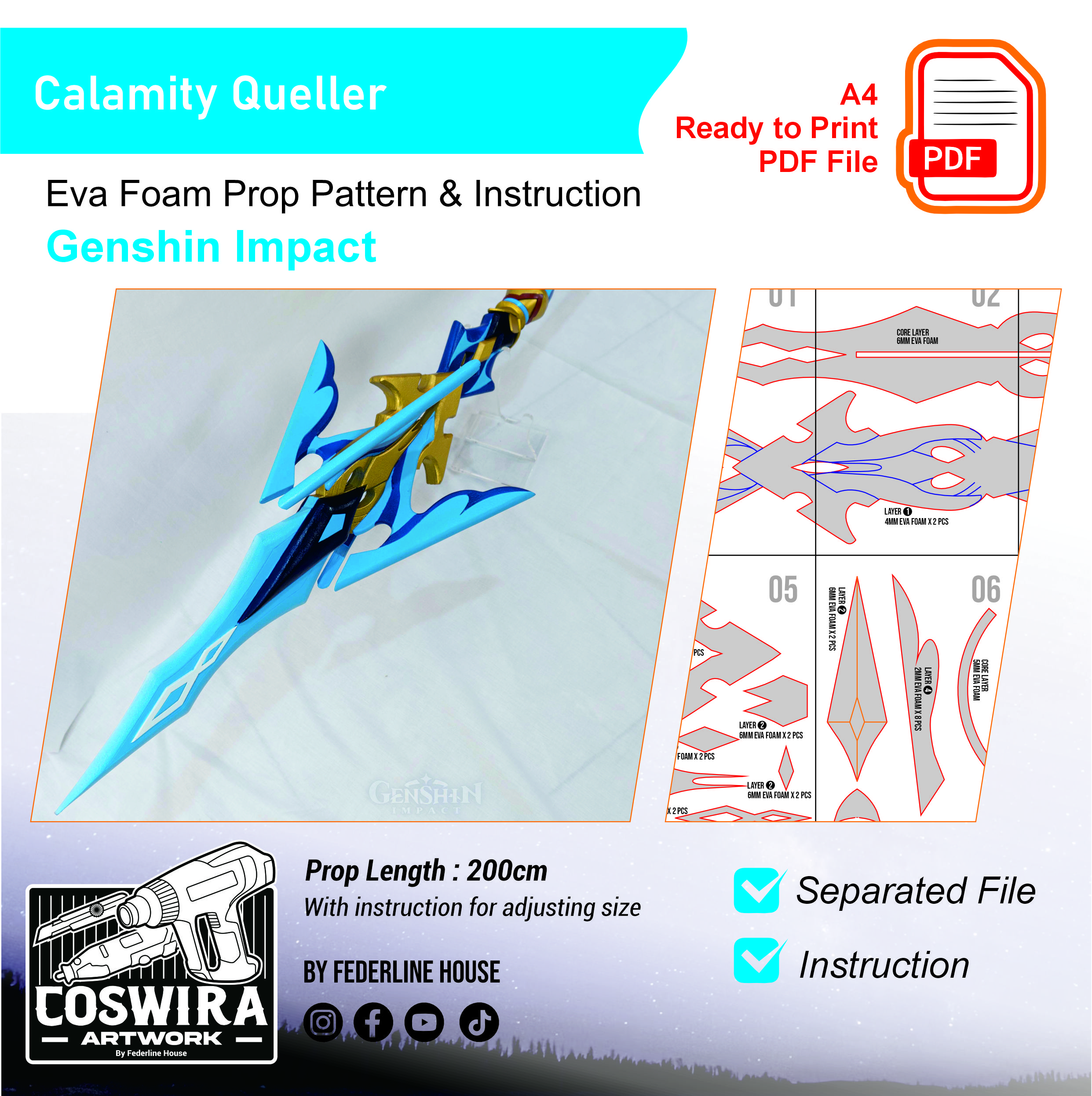 Calamity Queller Prop Pattern – Template EVA Foam untuk Cosplay (Genshin Impact)