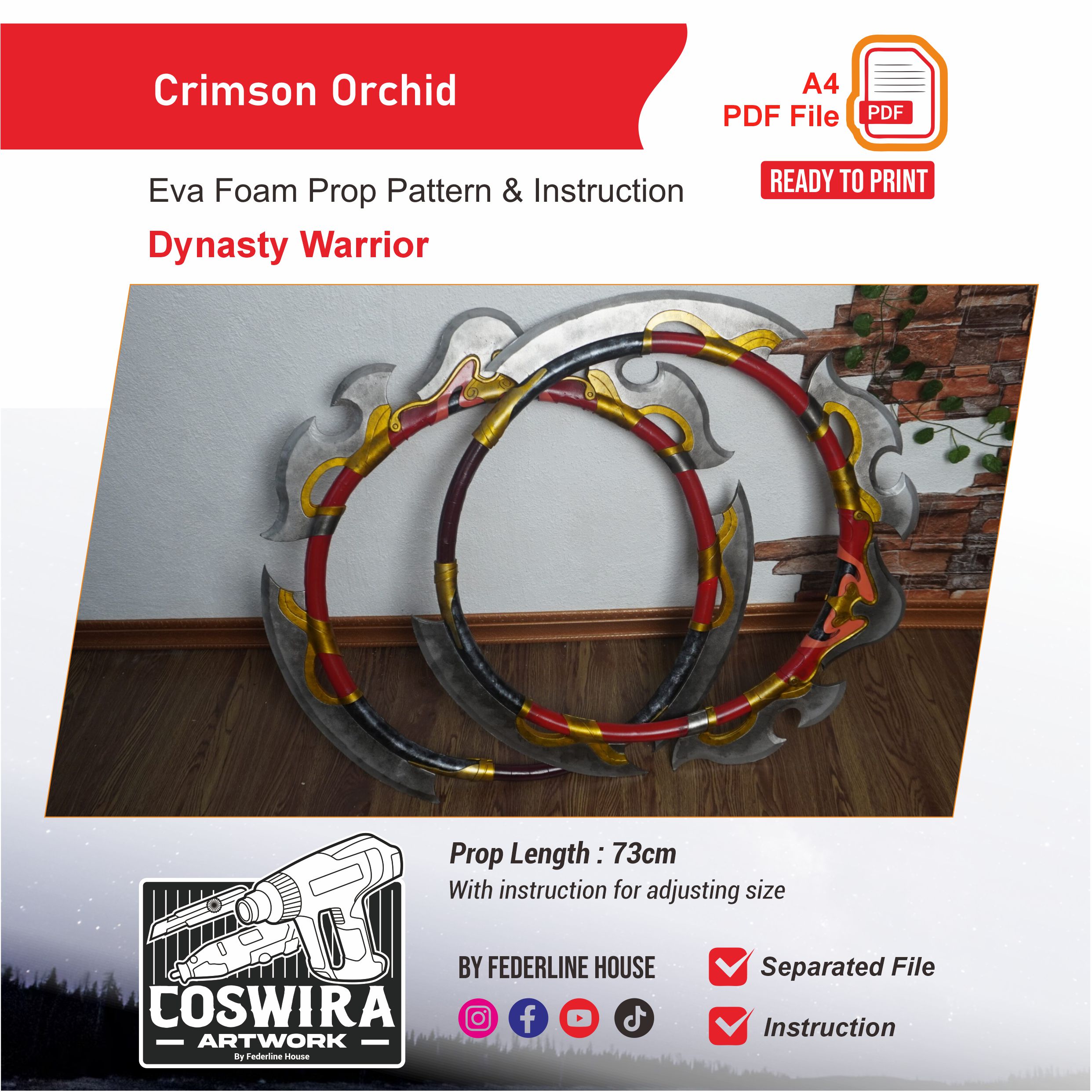 Crimson Orchid Dual Blade (Sun Shangxiang Wheels) Prop Pattern β Template EVA Foam untuk Cosplay (Dynasty Warriors Origins)