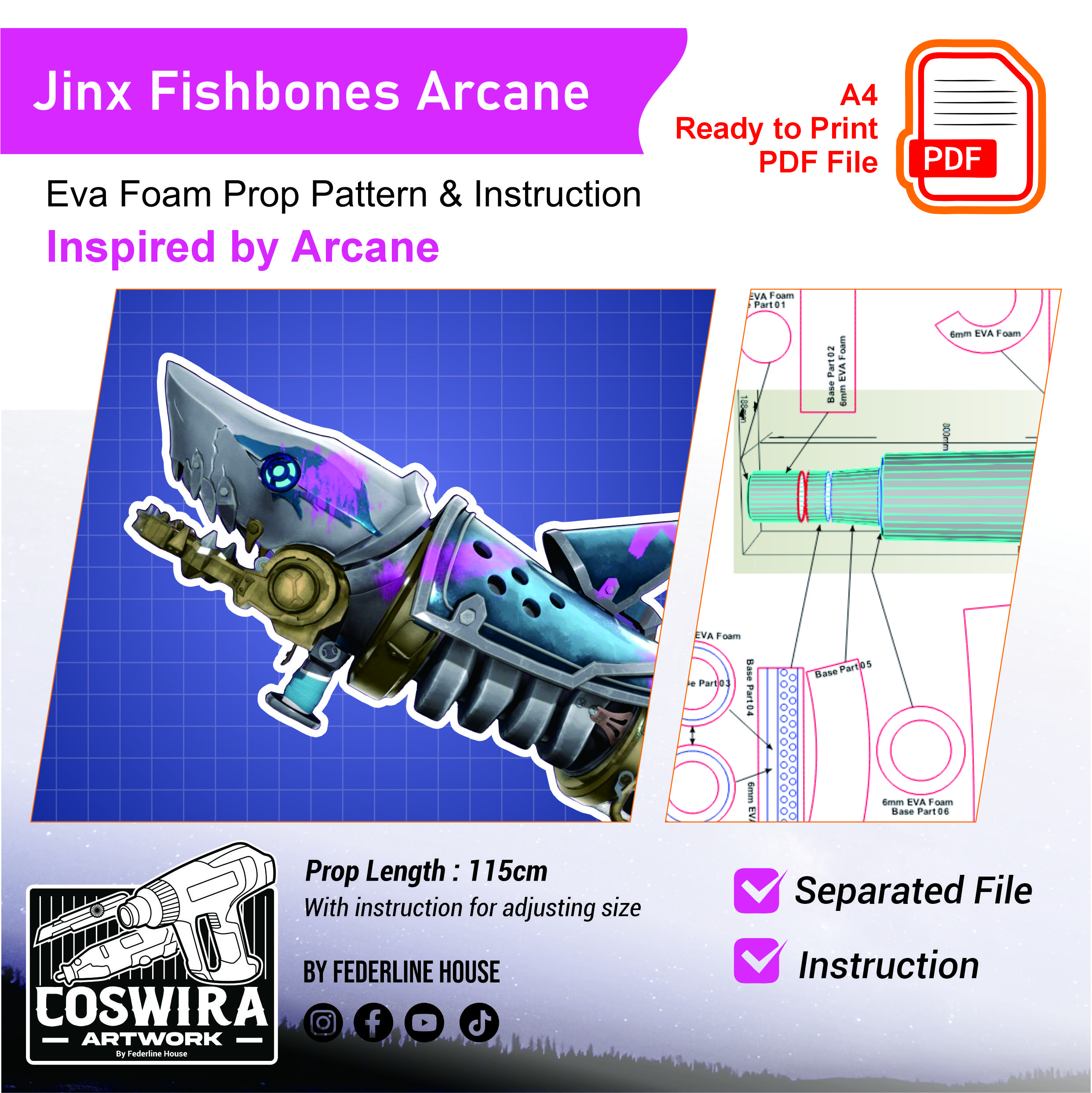 Fishbones Rocket Launcher Prop Pattern โ Template EVA Foam untuk Cosplay Weapon (Arcane / LoL)