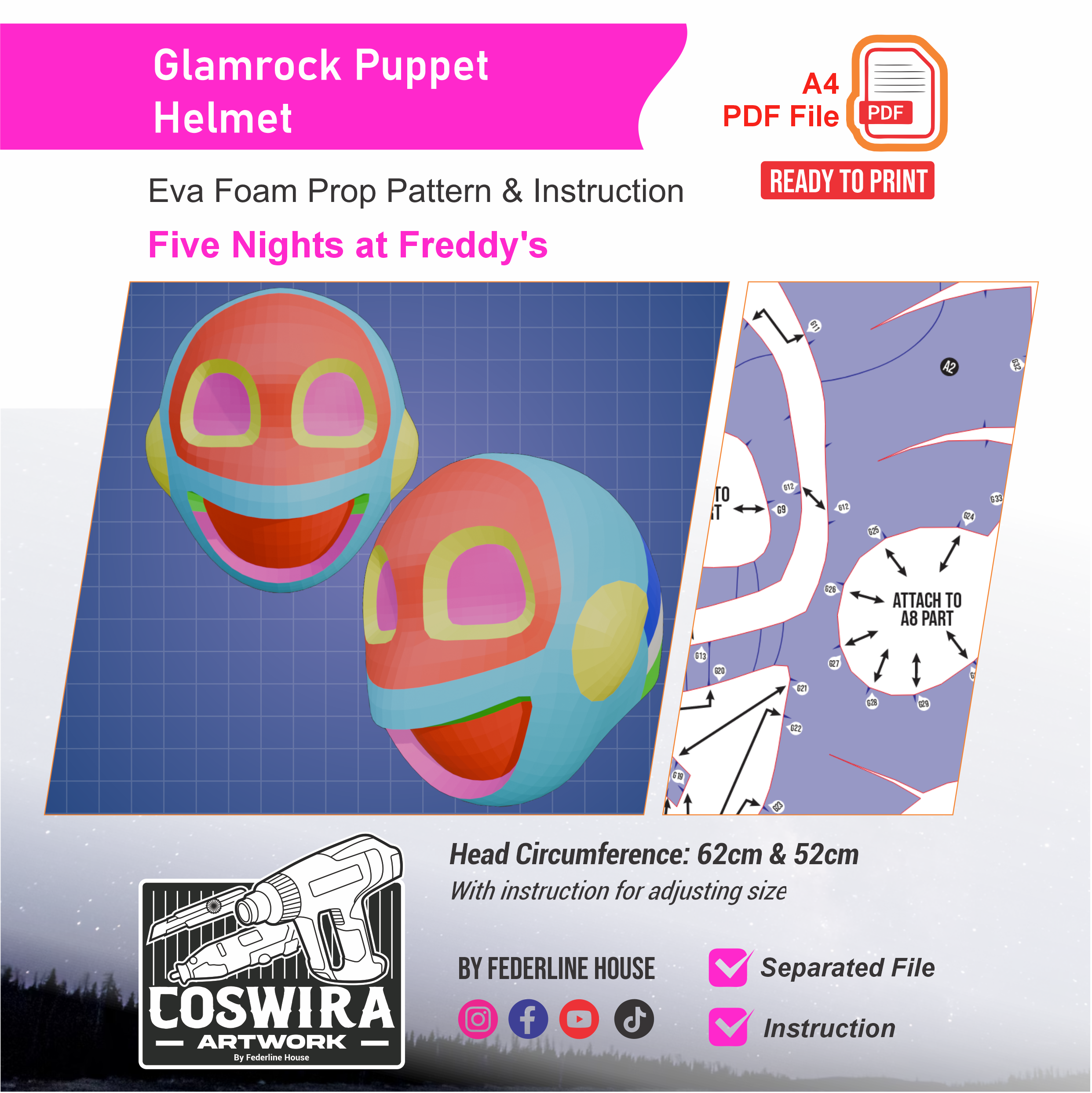Glamrock Helmet Puppet Prop Pattern – Template EVA Foam untuk Cosplay (Five Nights at Freddy’s)