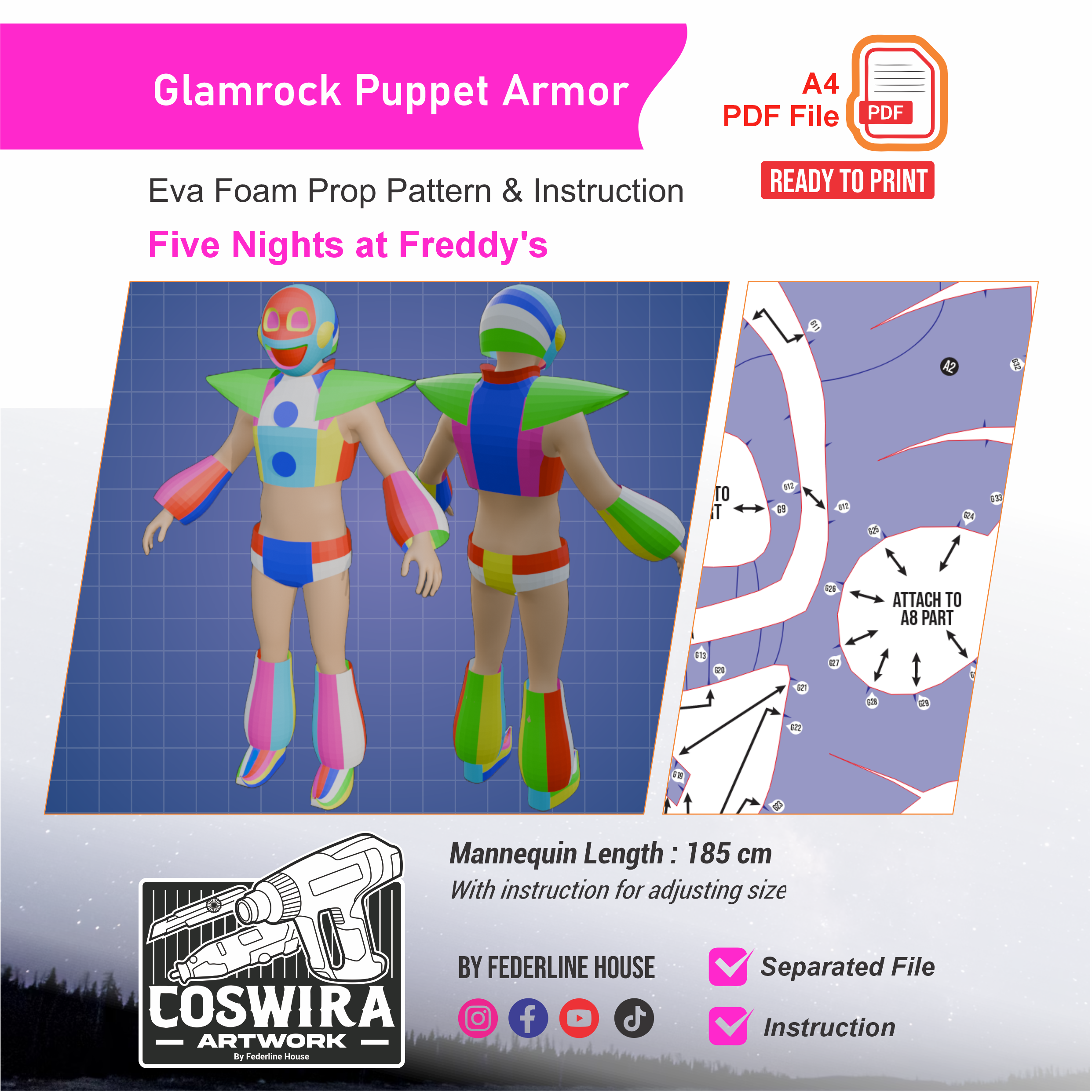 Glamrock Fullset Helmet & Armor Prop Pattern – Template EVA Foam untuk Cosplay (Five Nights at Freddy’s)