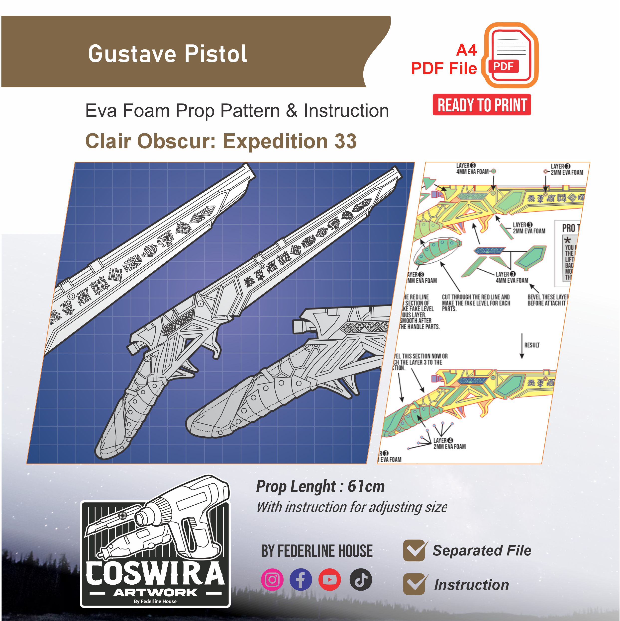 Gustave Pistol Prop Pattern β Template EVA Foam untuk Cosplay (Clair Obscur: Expedition 33)