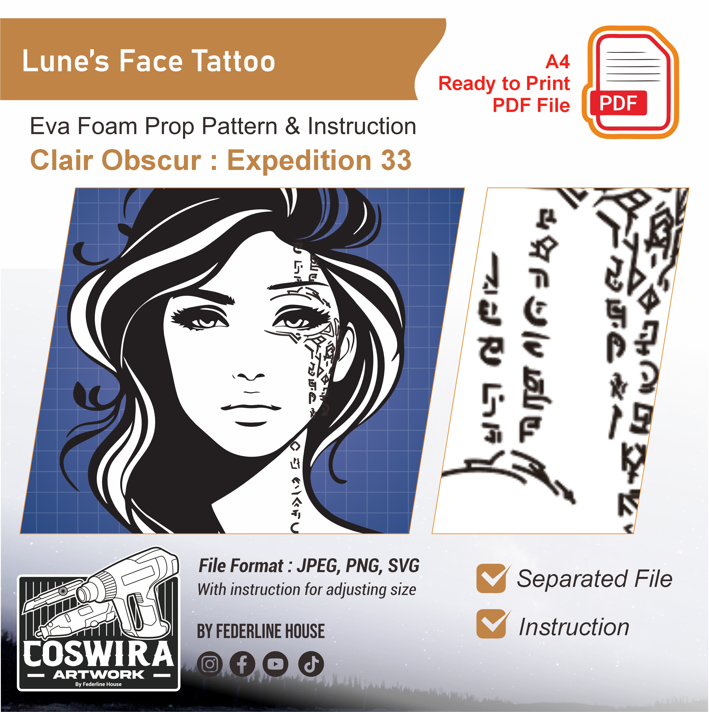 Lune Face Tattoo Prop Pattern – Template Digital untuk Cosplay (Clair Obscur: Expedition 33)