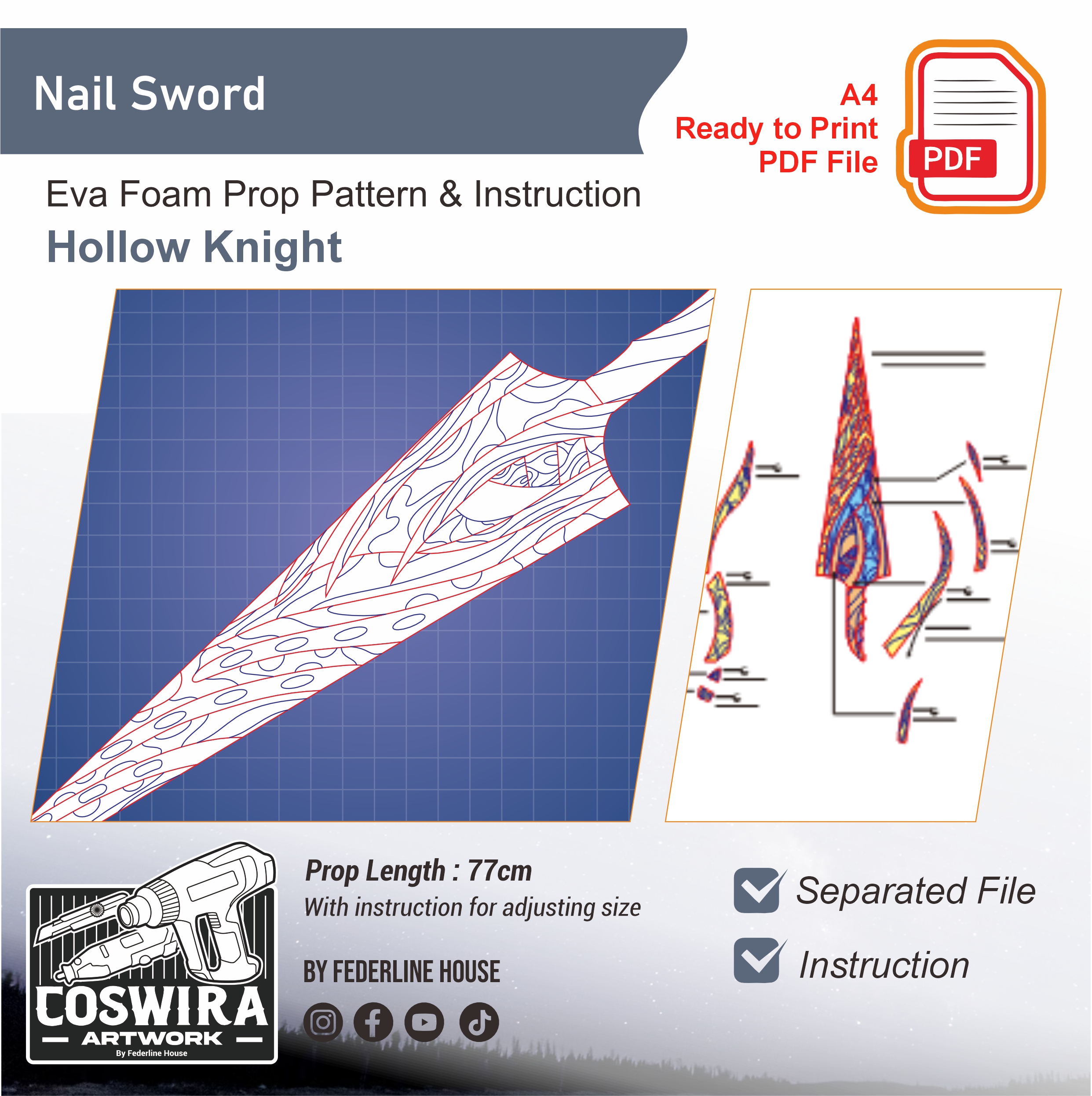 Nail Sword Prop Pattern β Template EVA Foam untuk Cosplay (Hollow Knight)