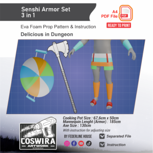 Senshi 3 in 1 Prop Pattern Set (Armor, Axe, Cooking Pan) – Template EVA Foam untuk Cosplay (Dungeon Meshi)