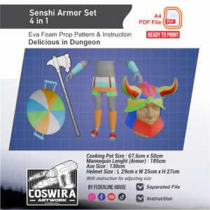 Senshi 4 in 1 Prop Pattern Set (Helmet, Armor, Axe, Cooking Pan) – Template EVA Foam untuk Cosplay (Dungeon Meshi)
