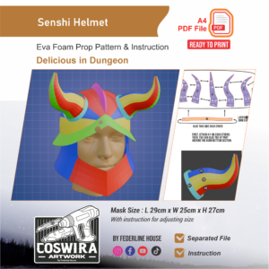 Senshi Helmet Prop Pattern – Template EVA Foam untuk Cosplay (Dungeon Meshi)