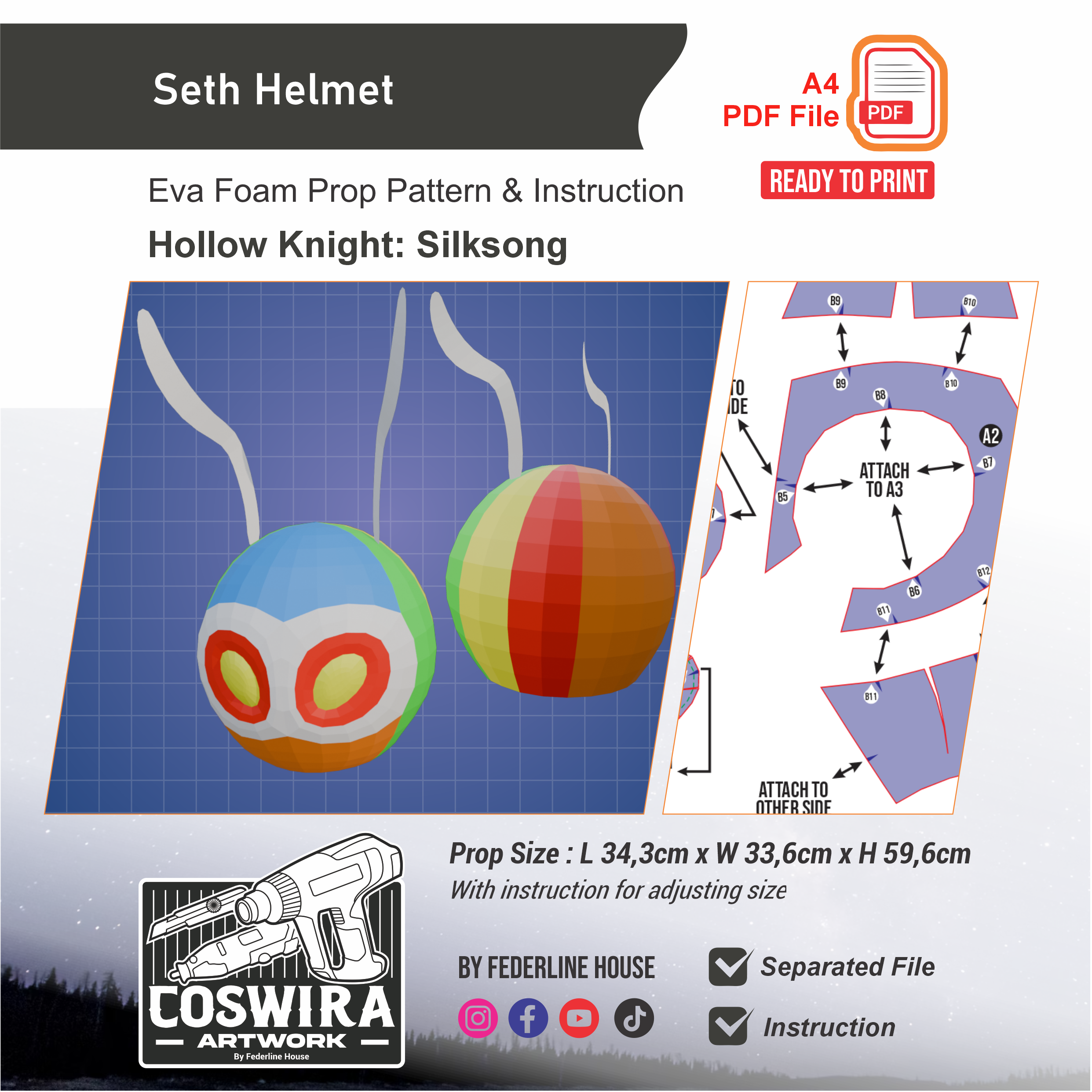 Seth Helmet Prop Pattern β Template EVA Foam untuk Cosplay (Hollow Knight)