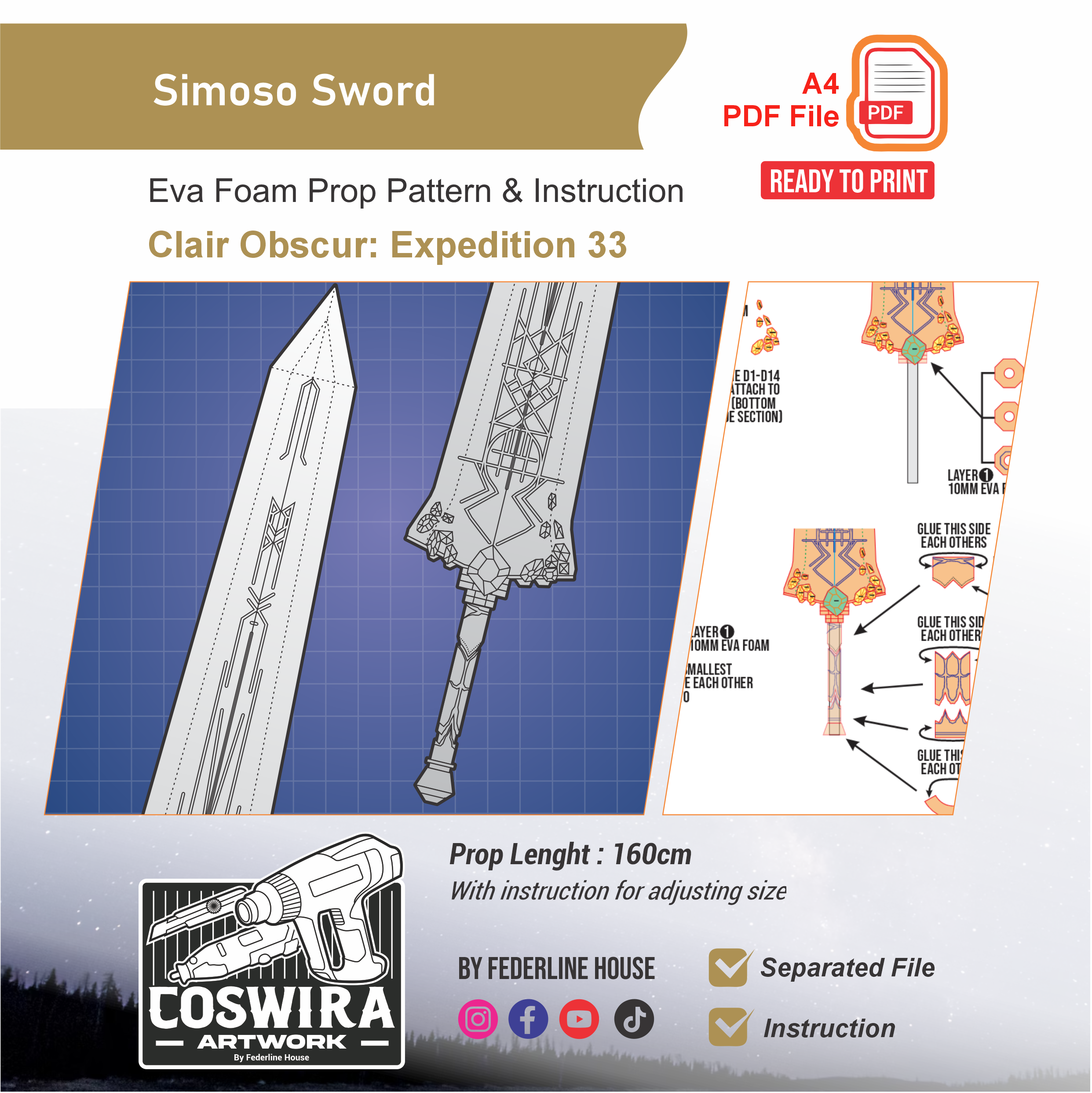 Simoso - Simon's Sword Prop Pattern β Template EVA Foam untuk Cosplay (Clair Obscur: Expedition 33)