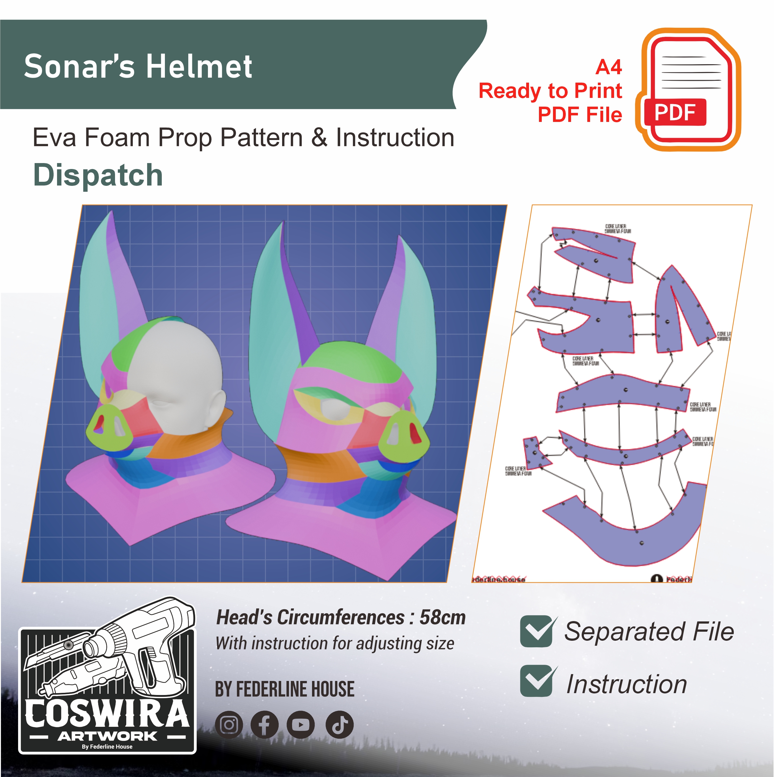 Sonar Helmet Prop Pattern β Template EVA Foam untuk Cosplay (Dispatch)