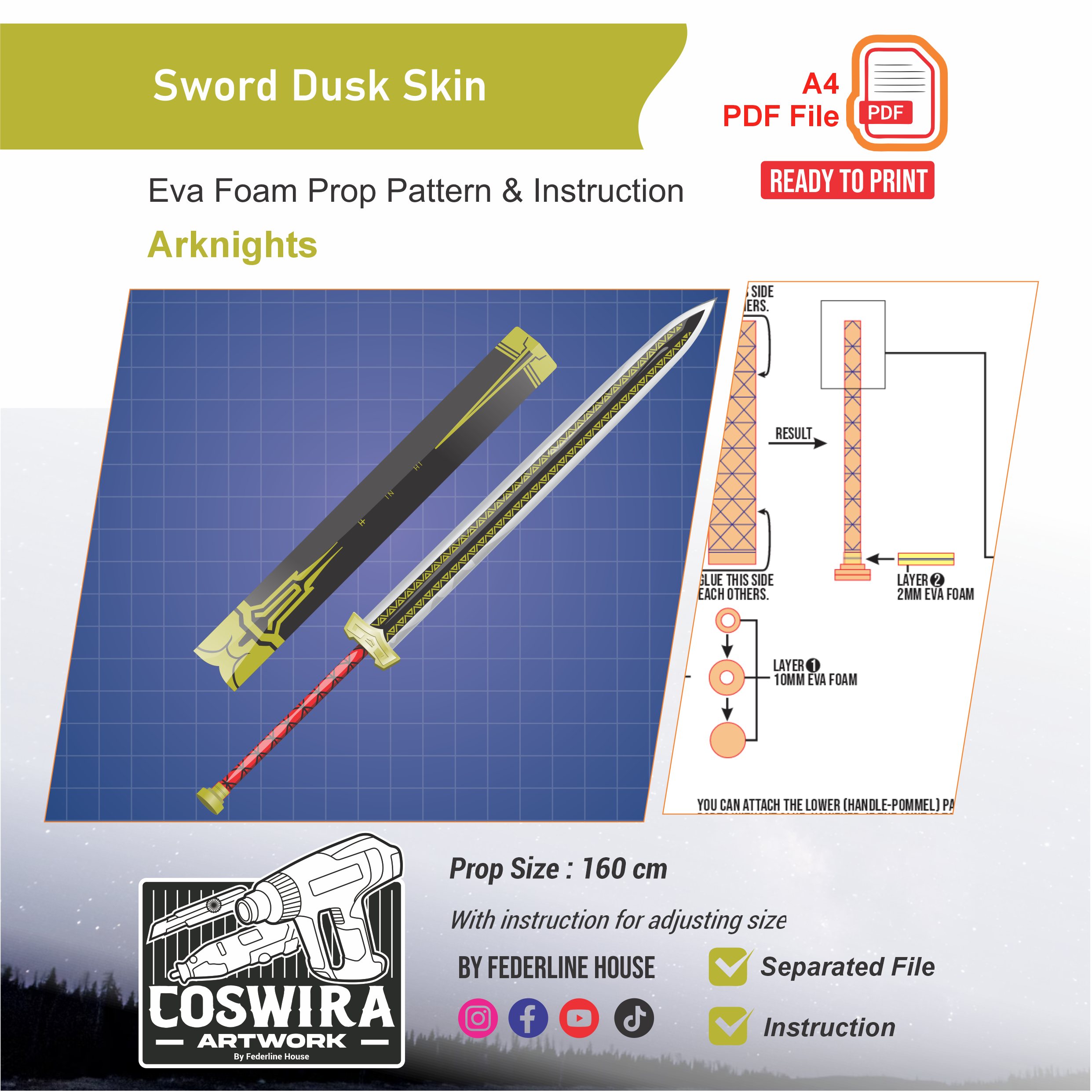Dusk Sword (Skin Ver.) Prop Pattern β Template EVA Foam untuk Cosplay (Arknights)