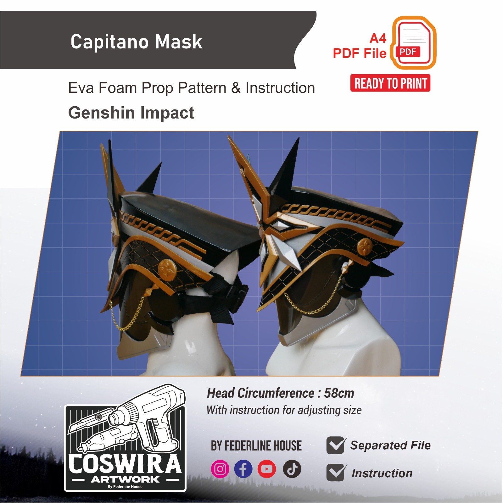 Il Capitano’s Mask Prop Pattern – Template EVA Foam untuk Cosplay (Genshin Impact)