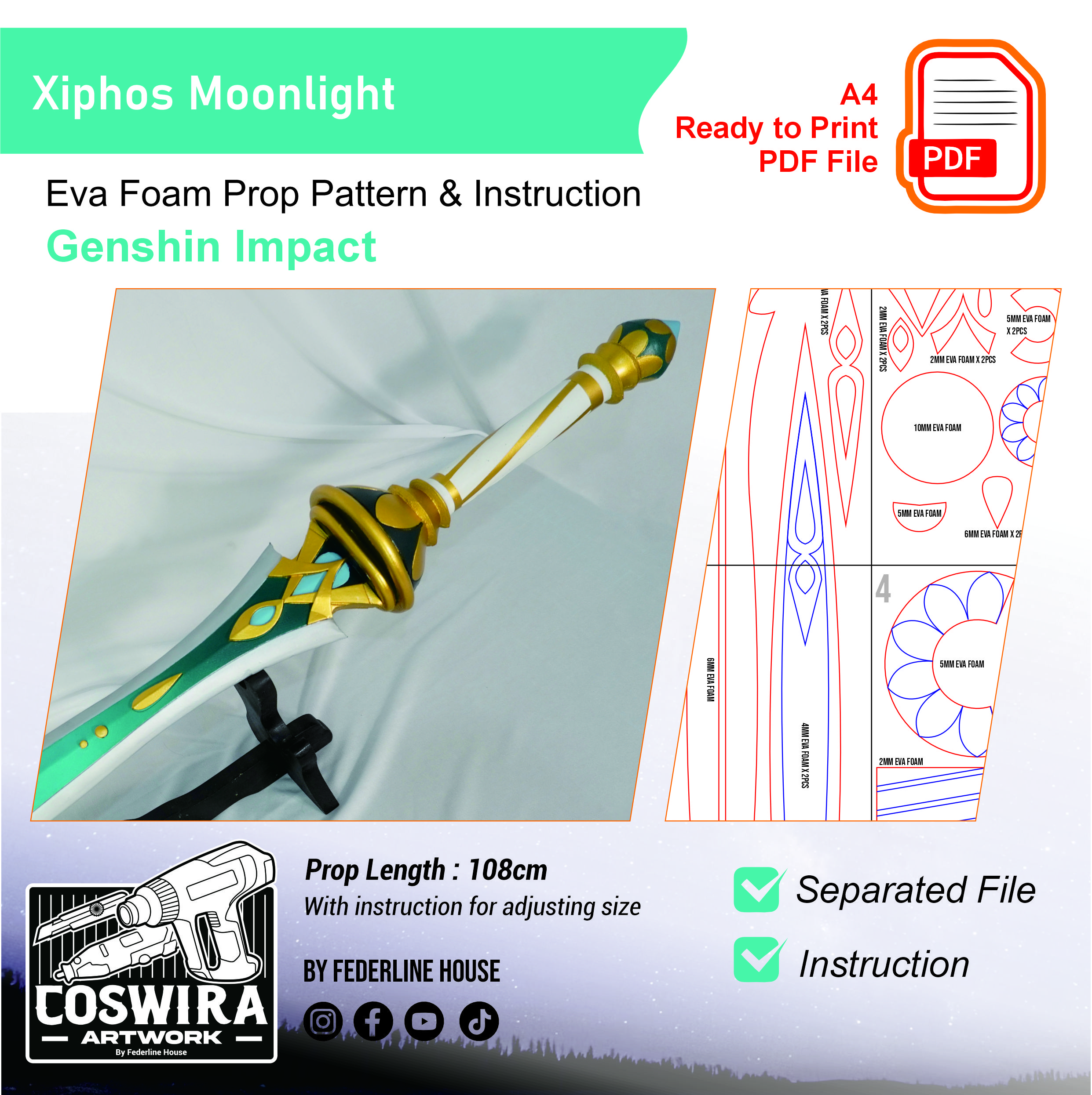 Xiphos’ Moonlight Prop Pattern – Template EVA Foam untuk Cosplay (Genshin Impact)