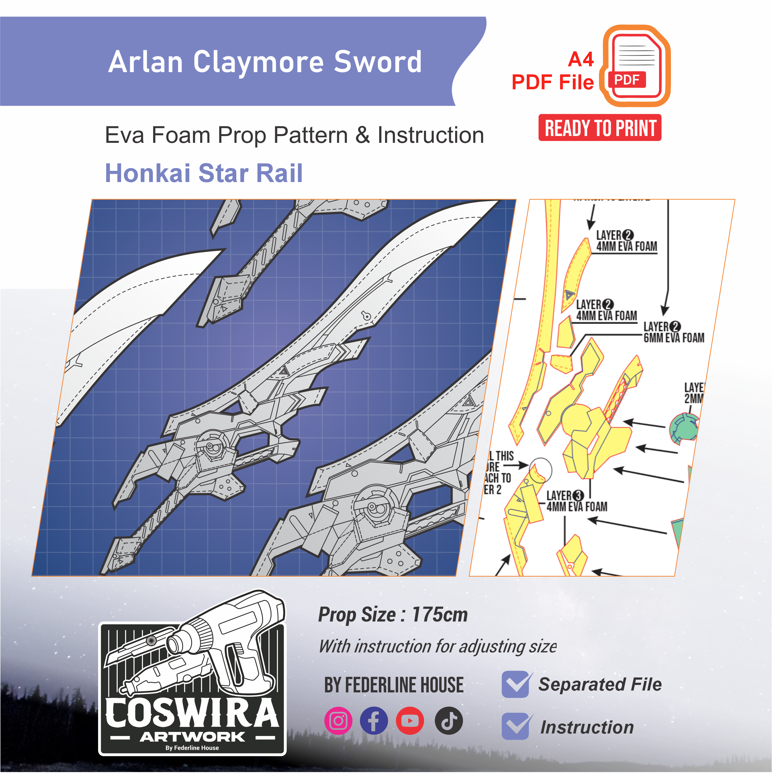 Arlan Claymore Sword Prop Pattern β Template EVA Foam untuk Cosplay (Honkai: Star Rail)