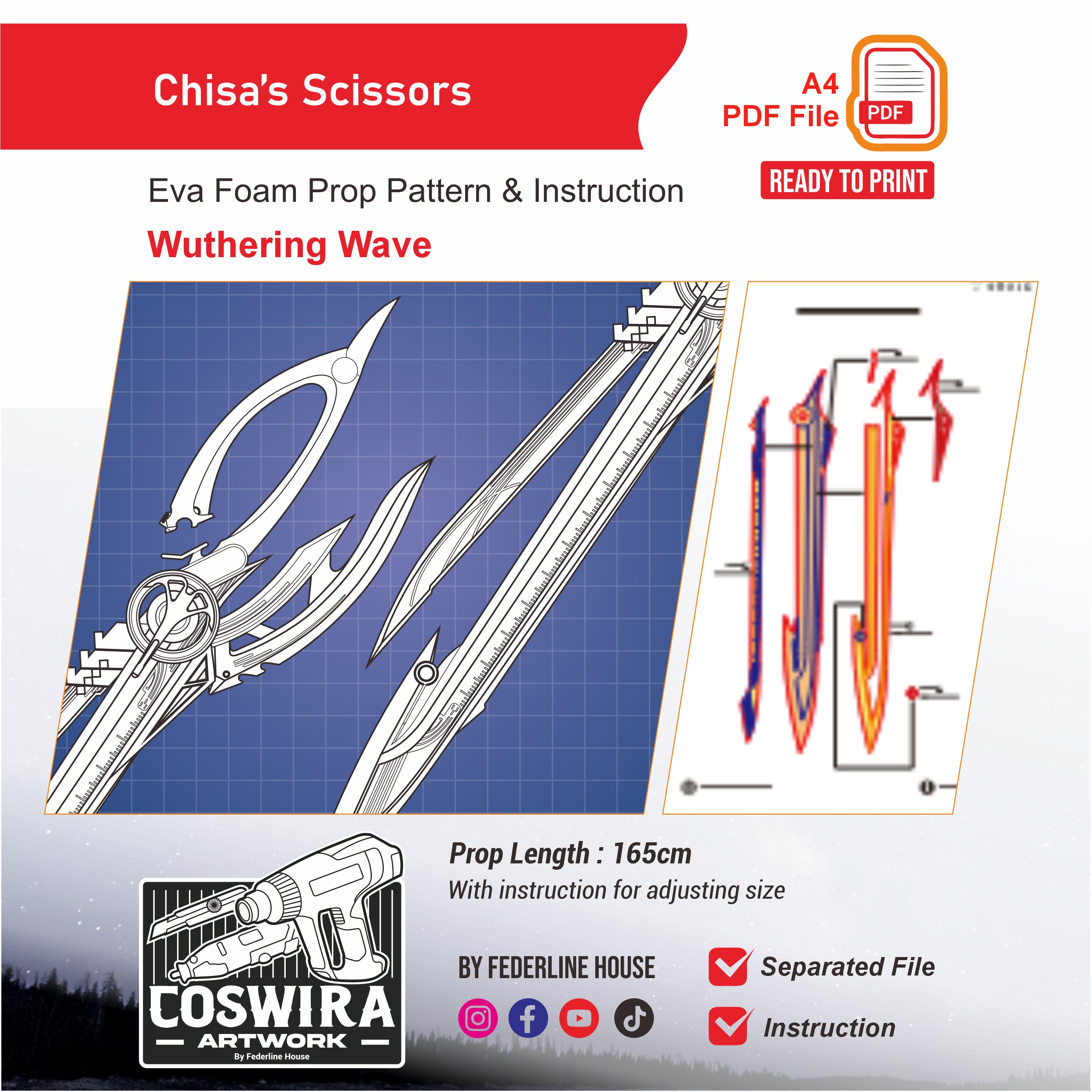 Chisa's Scissors Prop Pattern β Template EVA Foam untuk Cosplay (Wuthering Waves)