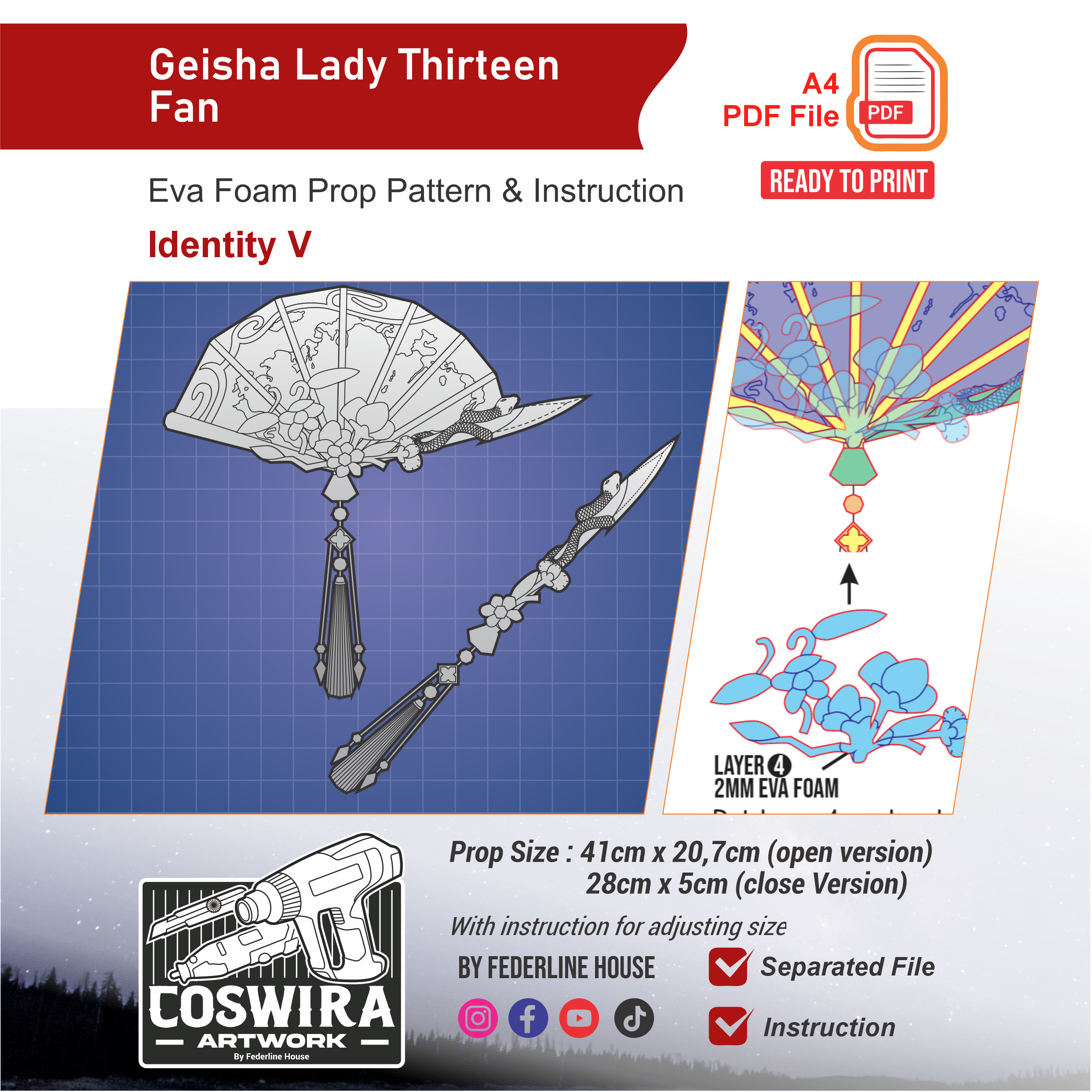 Geisha Lady Thirteen Fan Prop Pattern – Template EVA Foam untuk Cosplay (Identity V)
