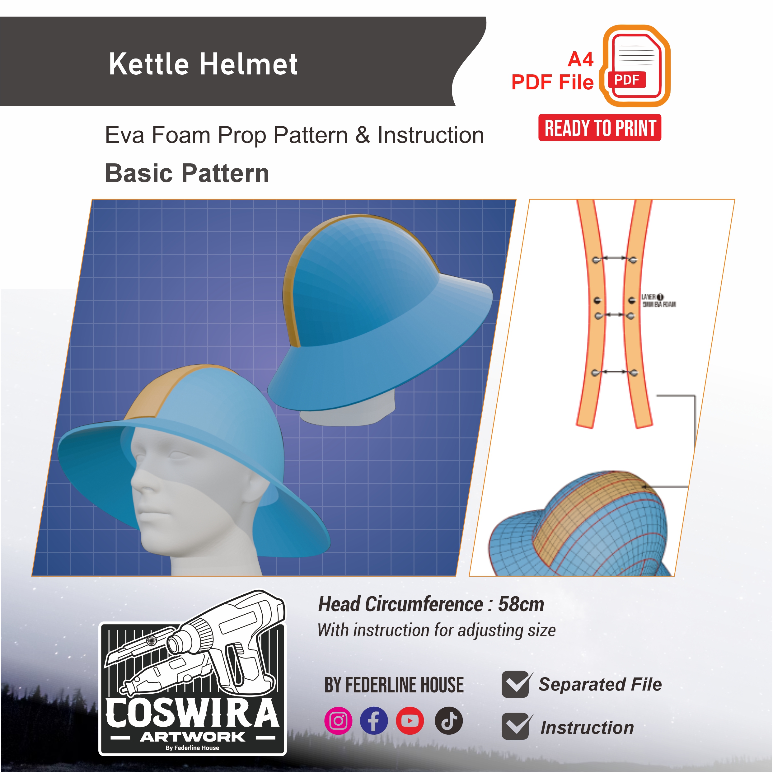 Kettle Helmet Prop Pattern – Template EVA Foam Basic Pattern untuk Cosplay
