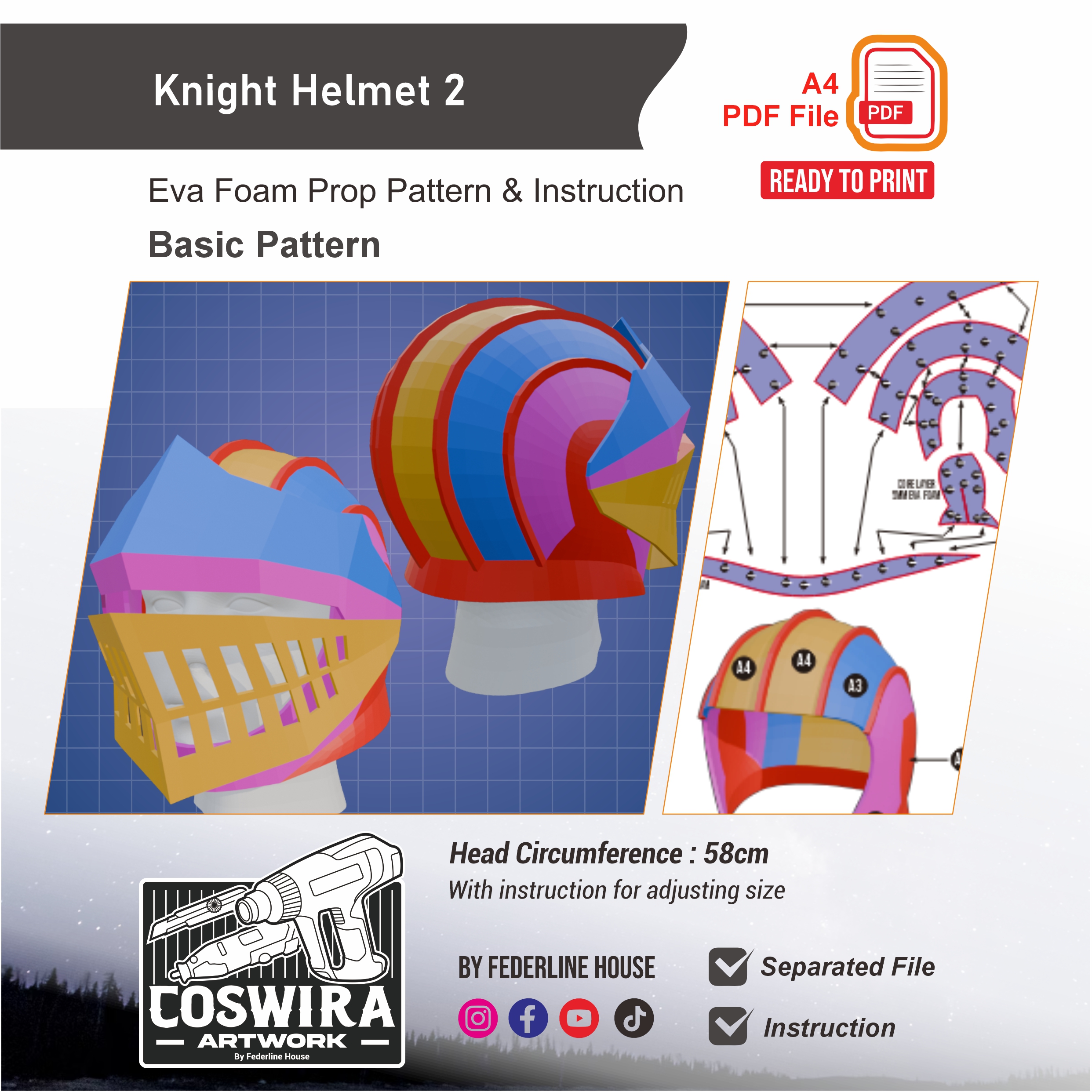 Knight Helmet No. 2 Prop Pattern β Template EVA Foam Basic Pattern untuk Cosplay