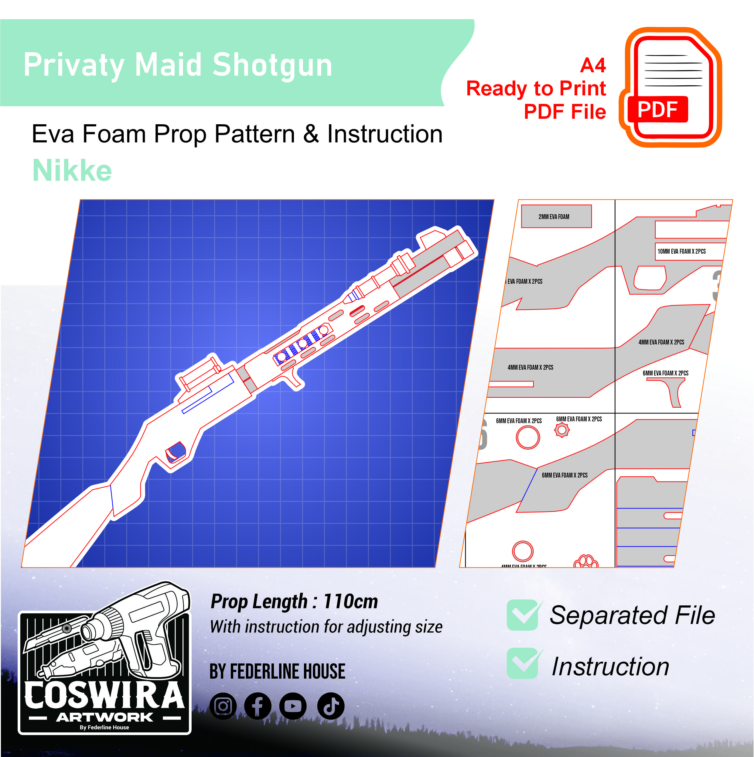 Privaty Maid Shotgun Prop Pattern – Template EVA Foam untuk Cosplay (Nikke)