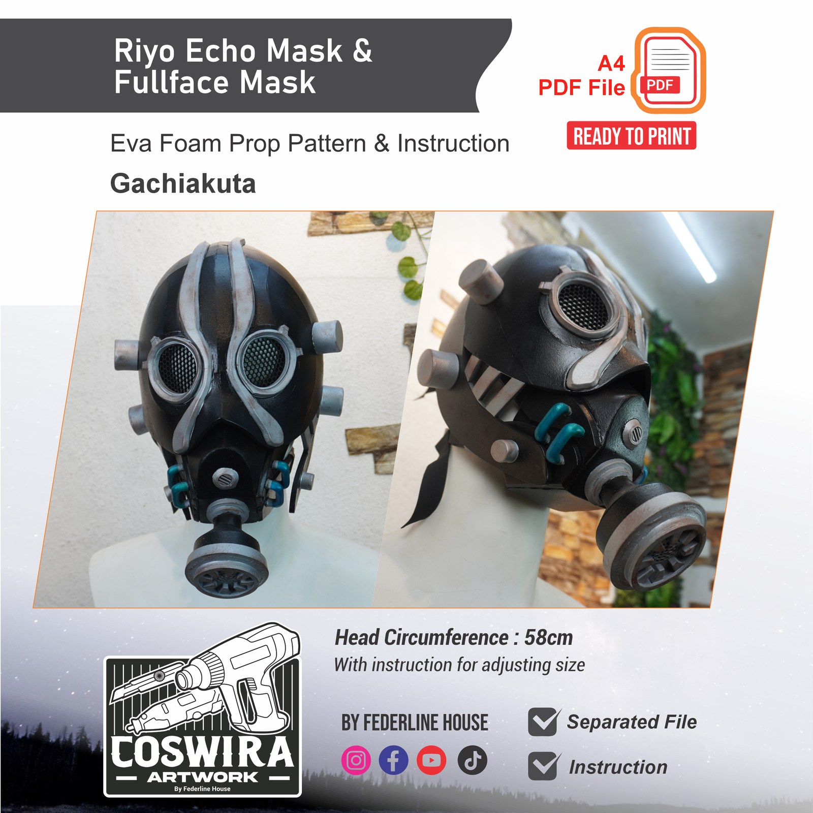 Riyo Echo Mask & Fullface Mask Prop Pattern β Template EVA Foam untuk Cosplay (Gachiakuta)