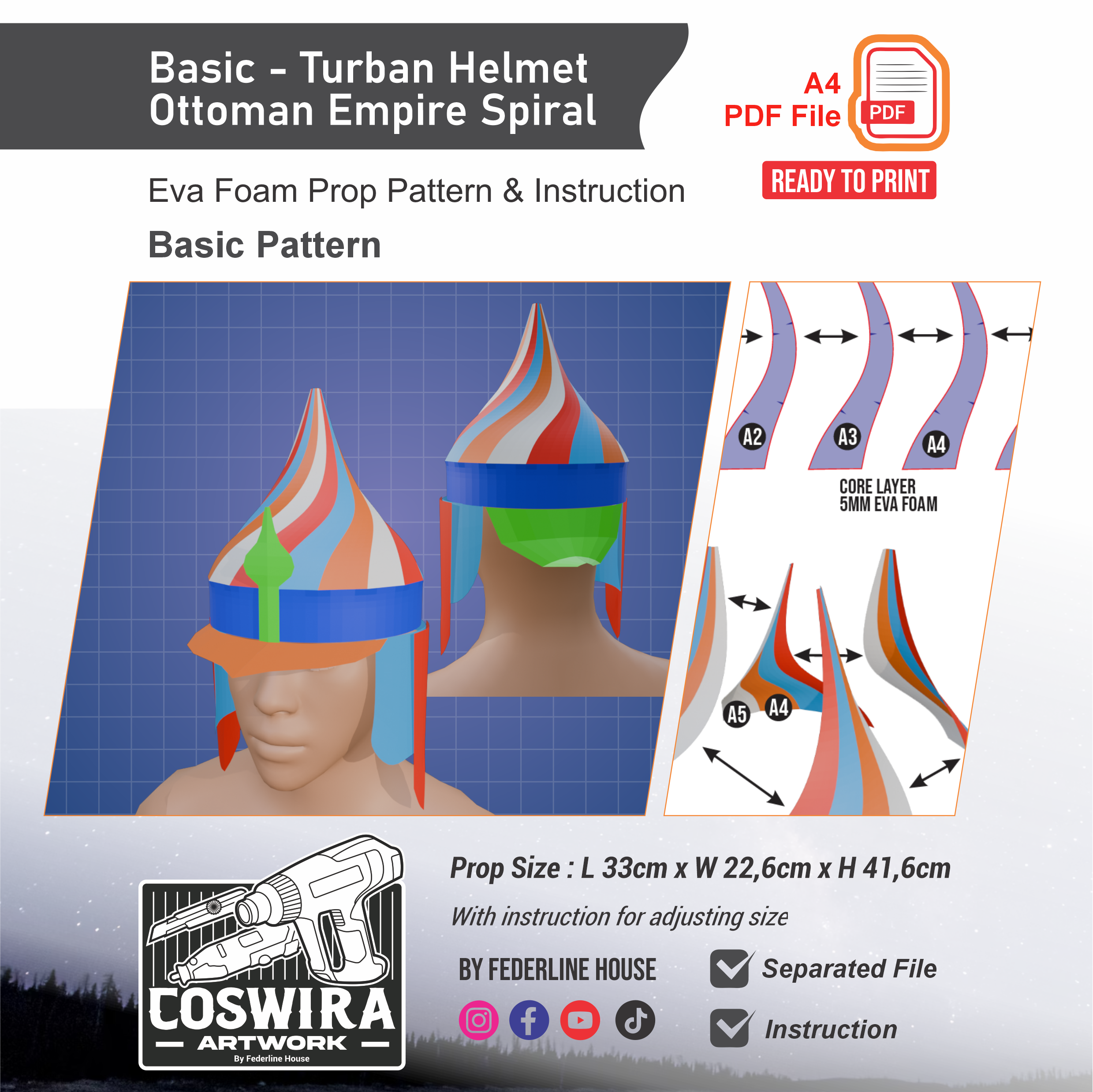 Turban Helmet Ottoman Empire Spiral Prop Pattern β Template EVA Foam Basic Pattern untuk Cosplay