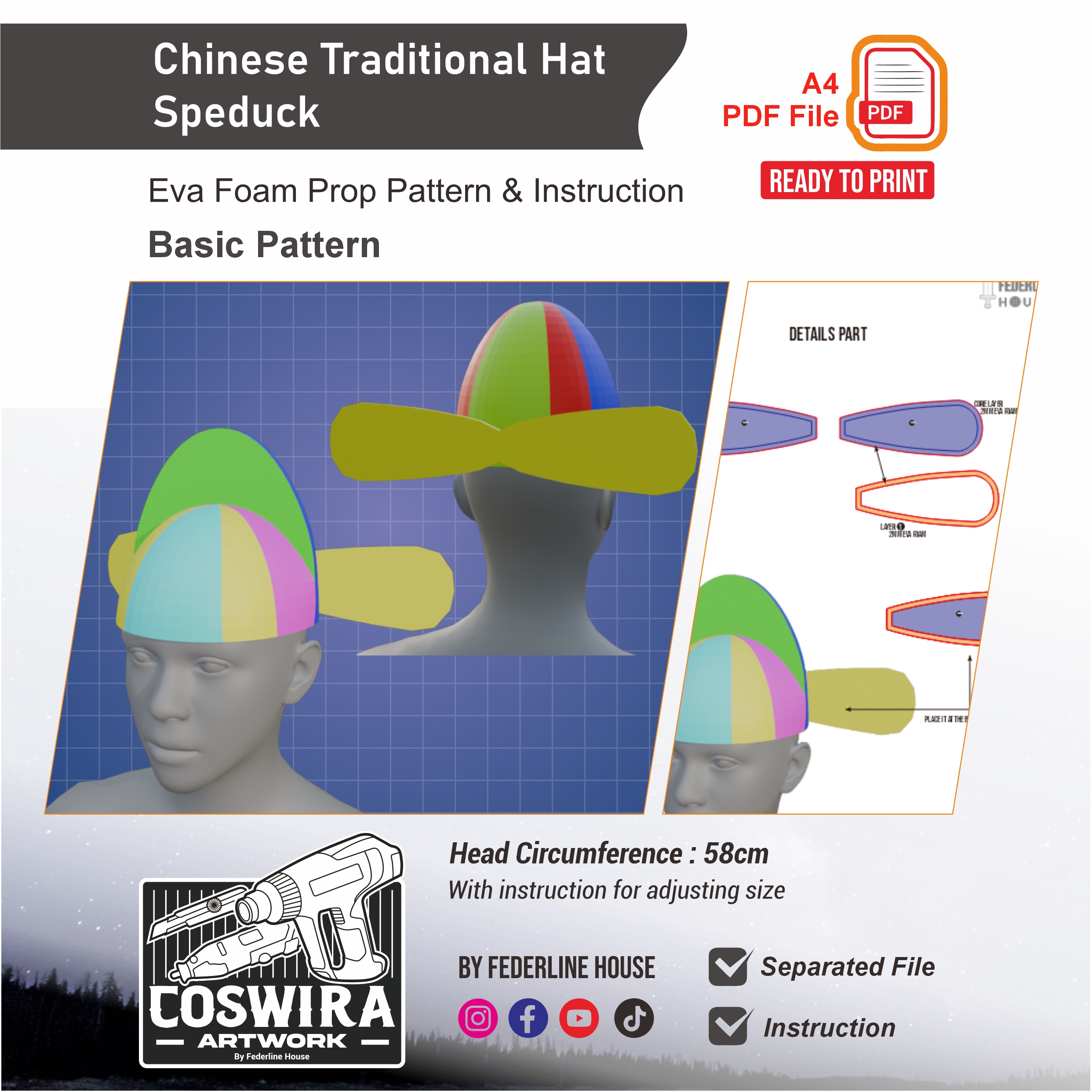 Chinese Traditional Hat Speduck Prop Pattern – Template EVA Foam Basic Pattern untuk Cosplay