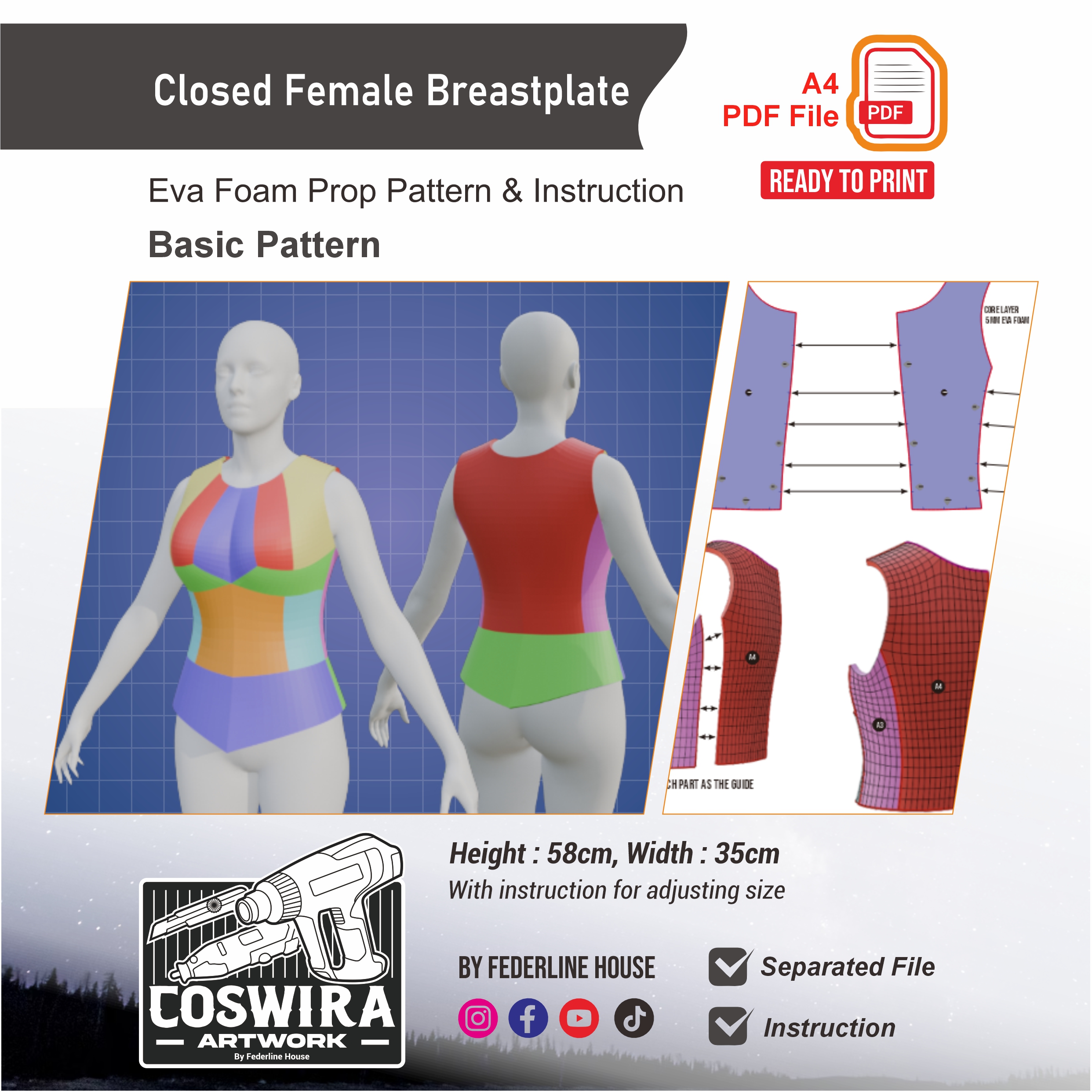 Closed Female Breastplate Prop Pattern โ Template EVA Foam Basic Pattern untuk Cosplay