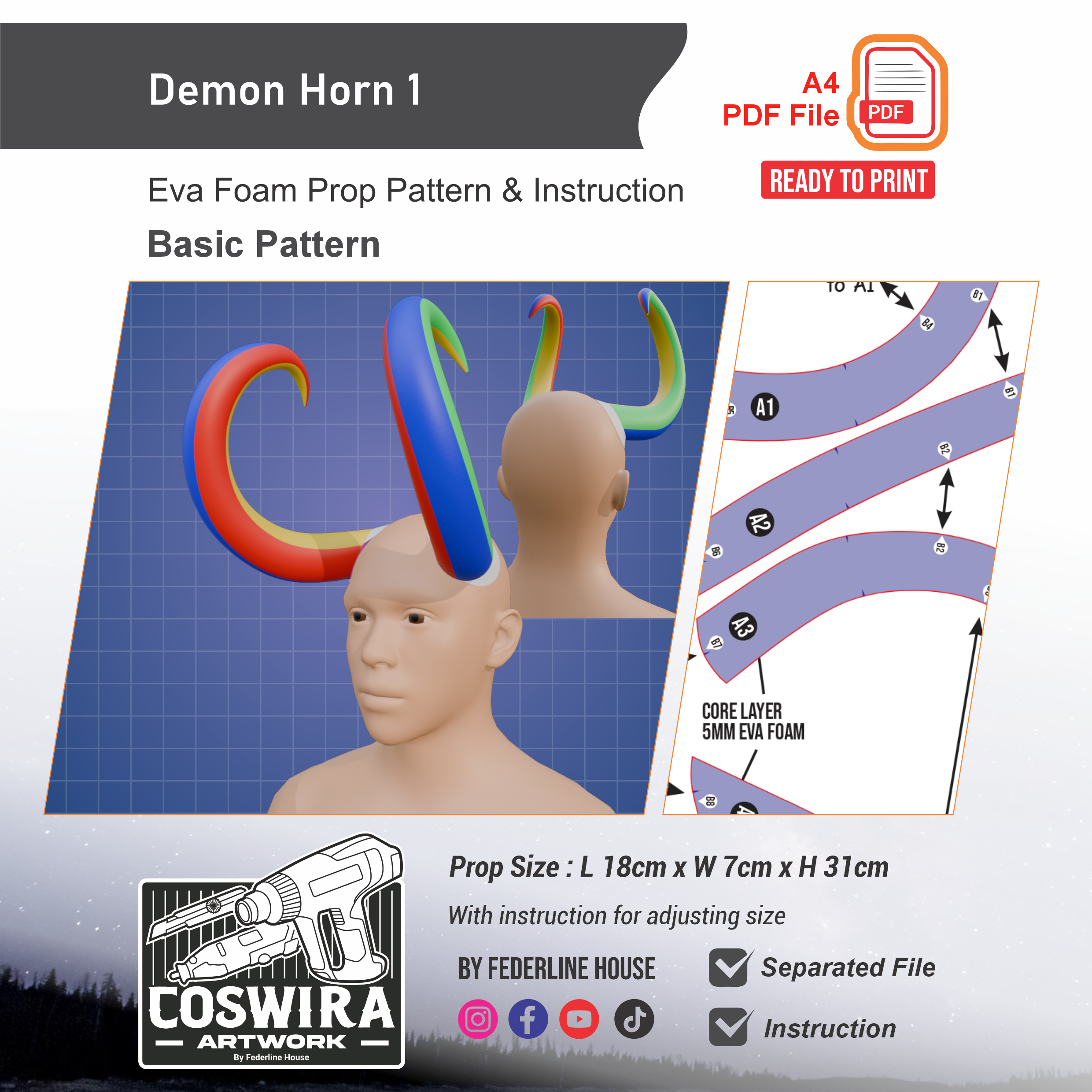 Demon Horn No. 1 Prop Pattern β Template EVA Foam Basic Pattern untuk Cosplay