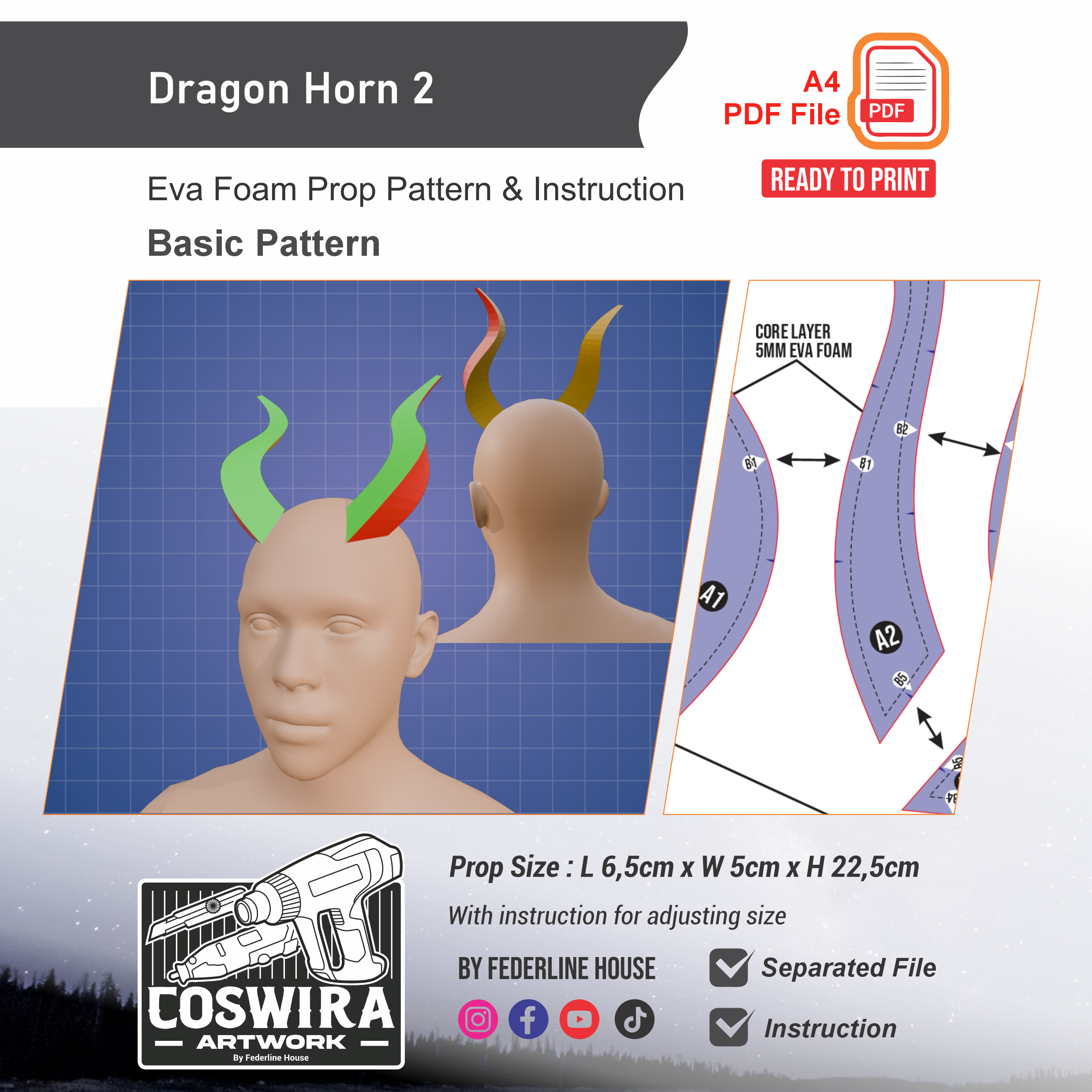 Dragon Horn No. 2 Prop Pattern – Template EVA Foam Basic Pattern untuk Cosplay