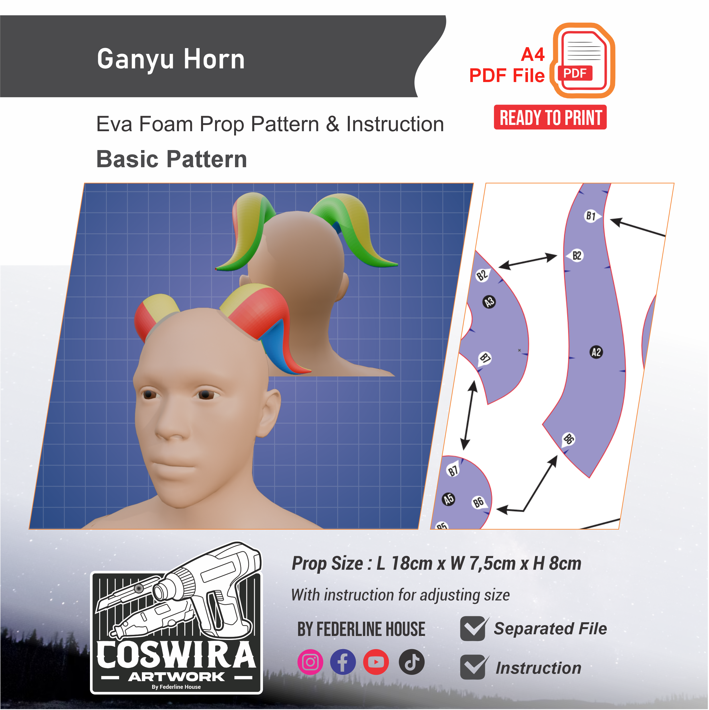 Ganyu Horn Prop Pattern – Template EVA Foam Basic Pattern untuk Cosplay (Genshin Impact)