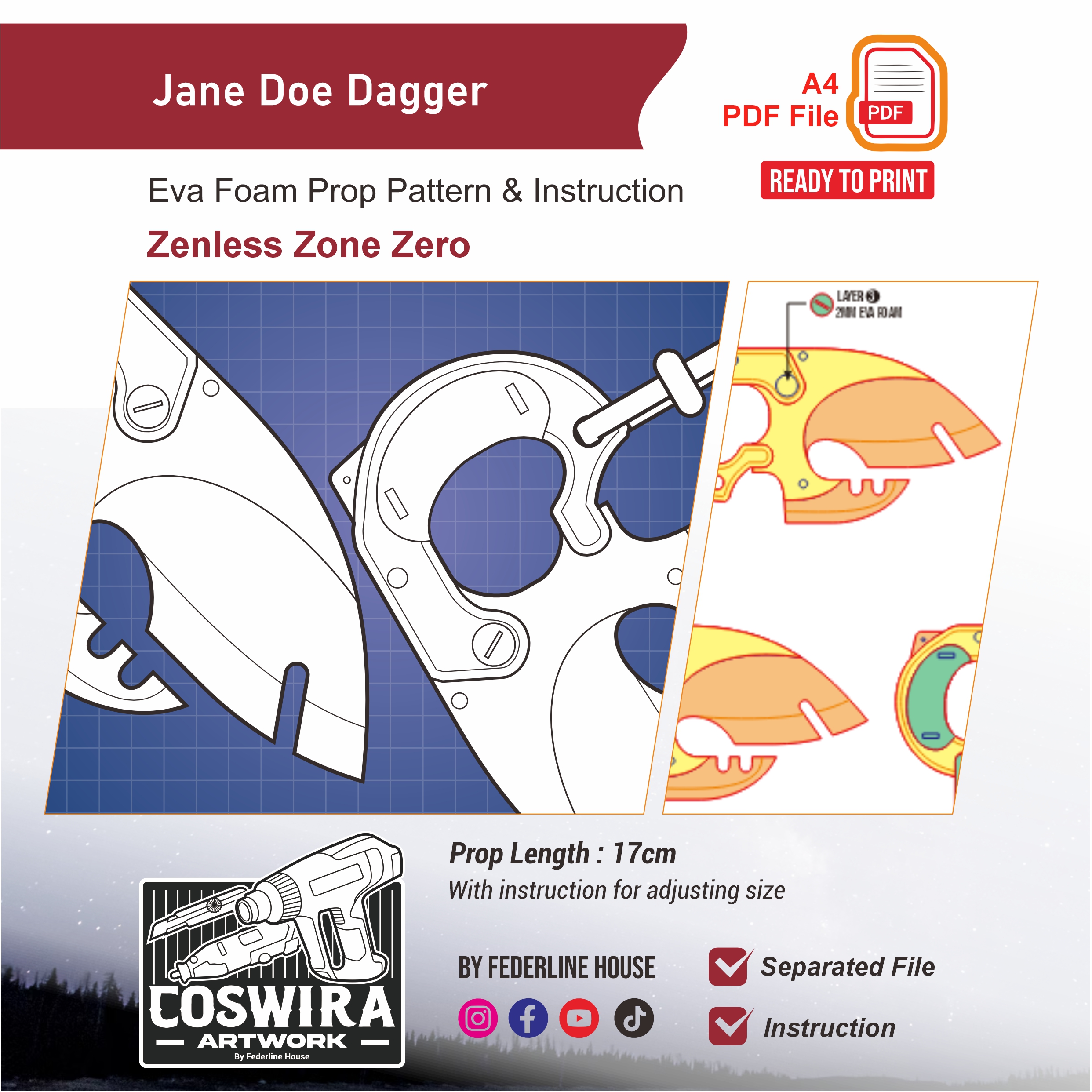 Jane Doe Dagger Prop Pattern β Template EVA Foam untuk Cosplay (Zenless Zone Zero)