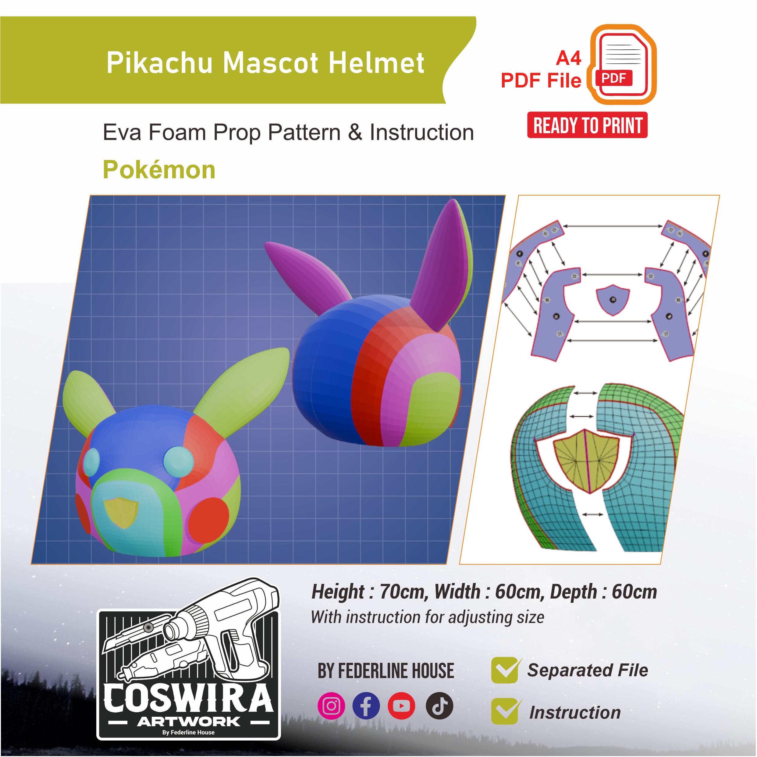 Pikachu Mascot Helmet Prop Pattern – Template EVA Foam untuk Cosplay (Pokémon)