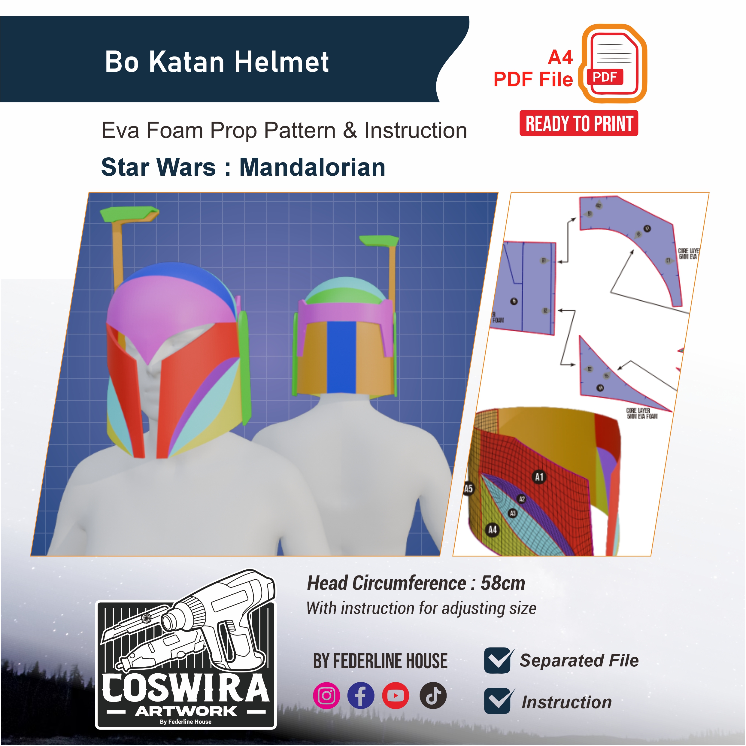 Bo-Katan Helmet Prop Pattern β Template EVA Foam untuk Cosplay (Star Wars: The Mandalorian)