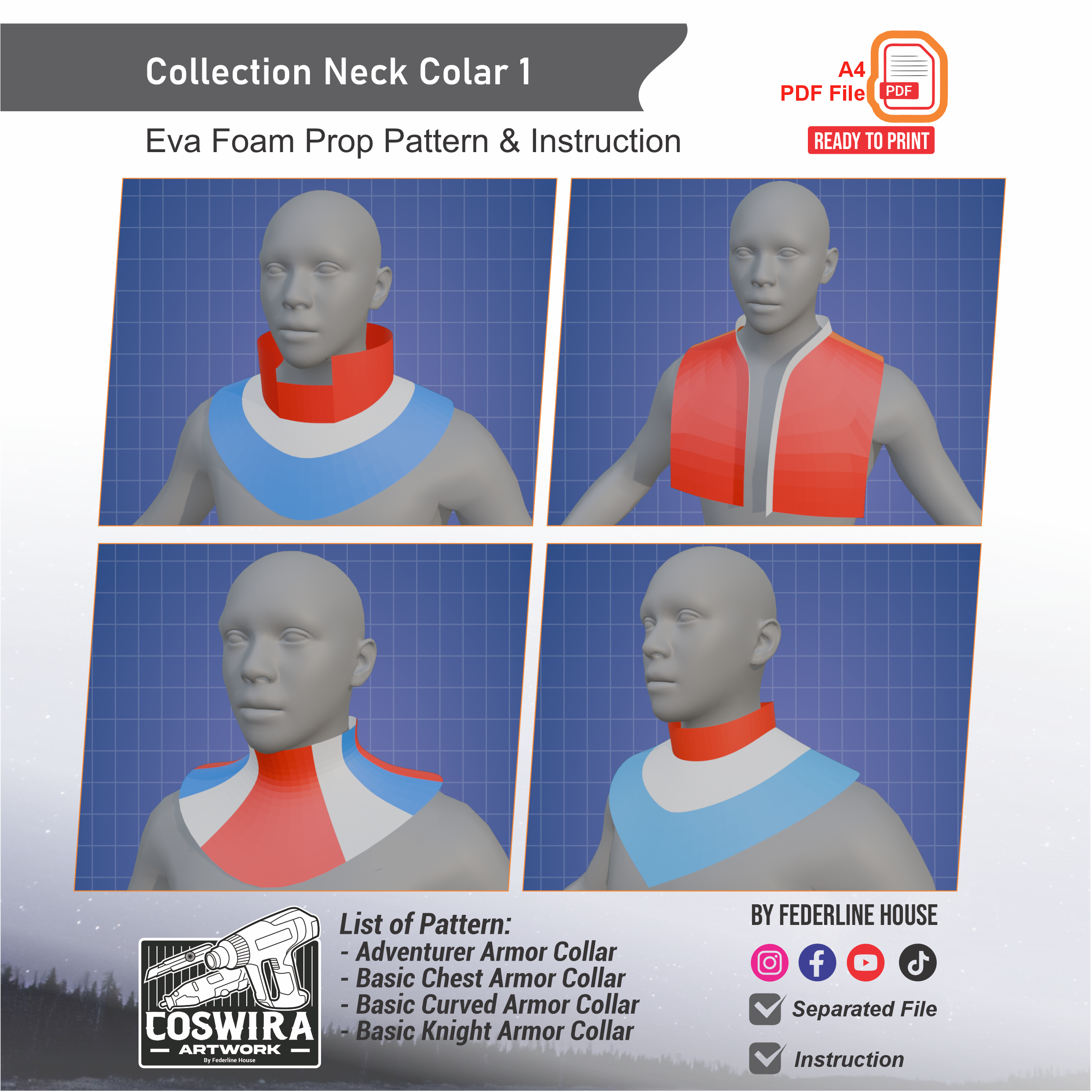Collection Neck Collar No. 1 Prop Pattern – Template EVA Foam Basic Pattern untuk Cosplay