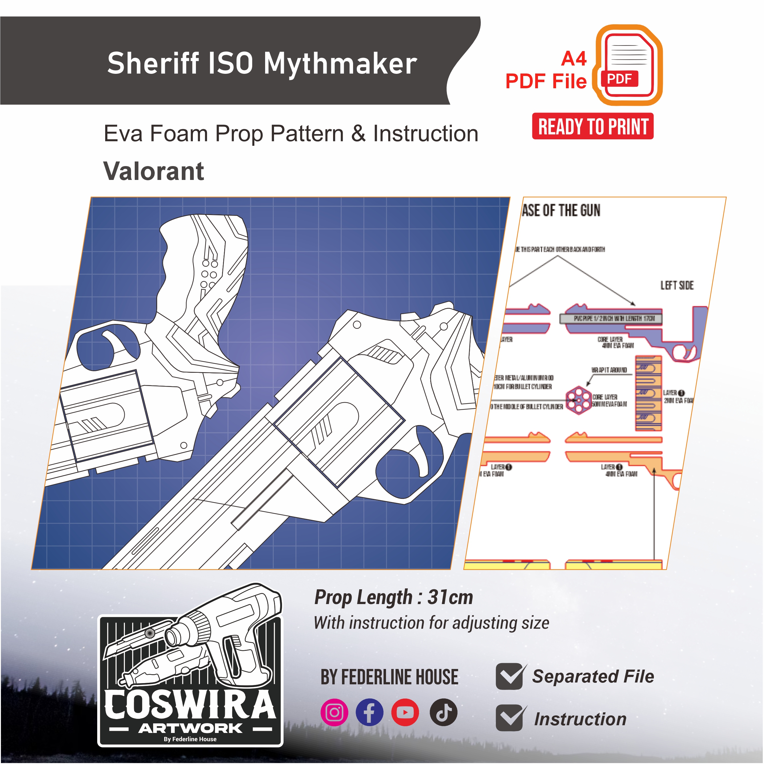 Sheriff ISO Mythmaker Prop Pattern – Template EVA Foam untuk Cosplay (Valorant)