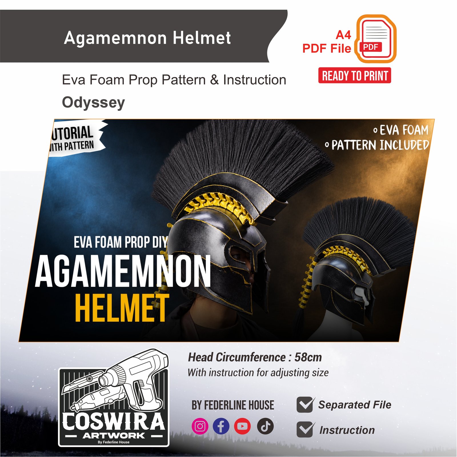 Agamemnon Helmet Prop Pattern β Template EVA Foam untuk Cosplay (The Odyssey)