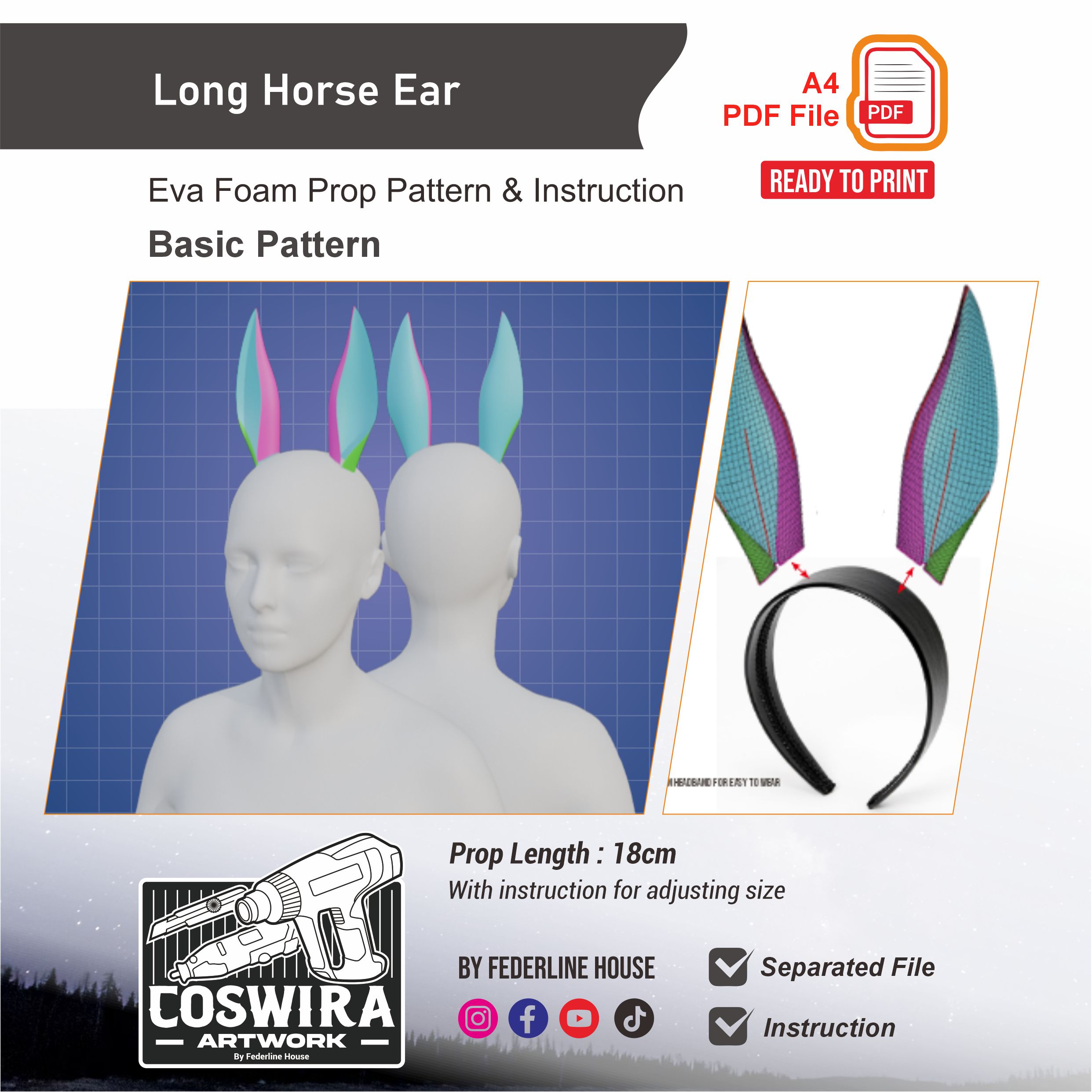 Long Horse Ears Prop Pattern β Template EVA Foam Basic Pattern untuk Cosplay