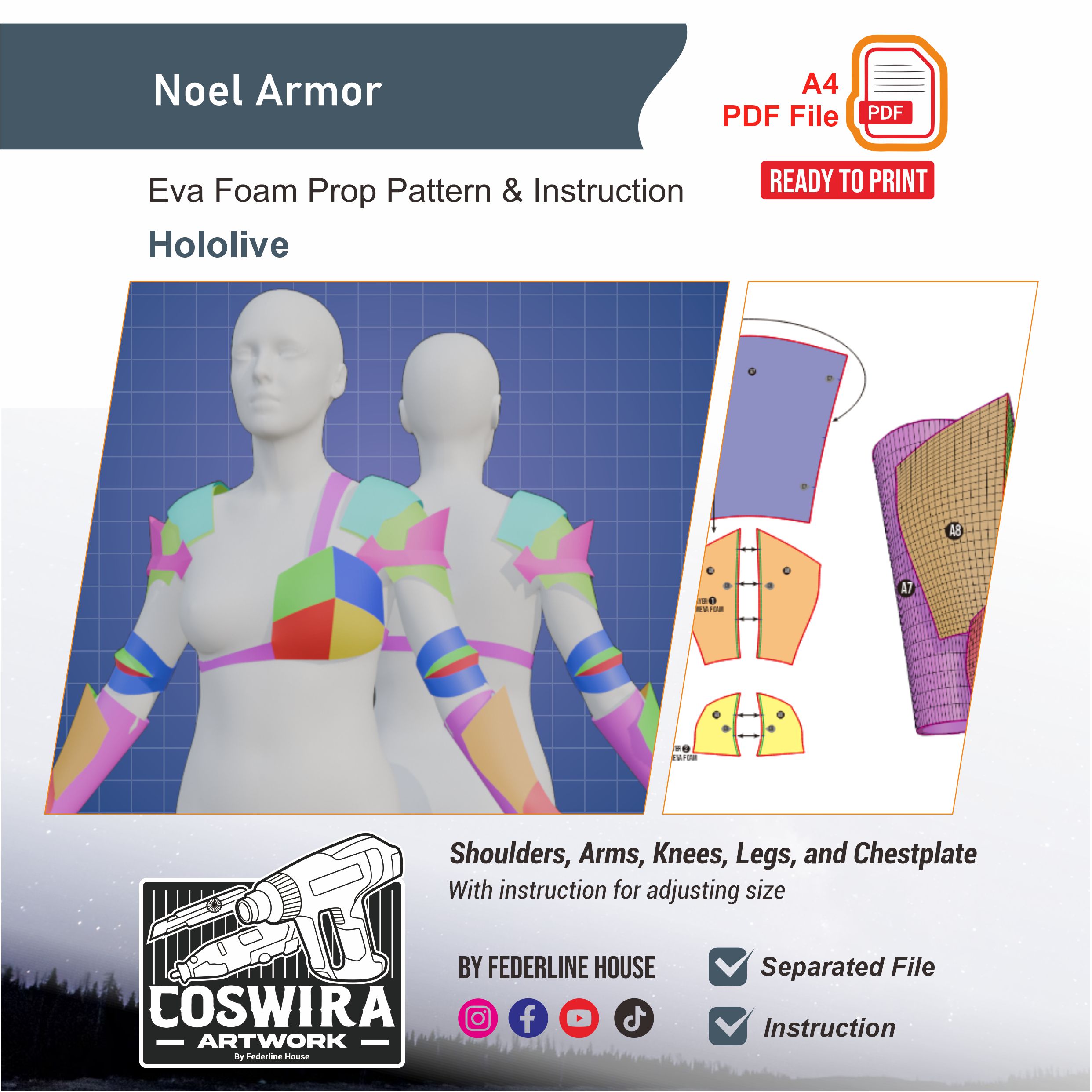 Noel Armor Prop Pattern – Template EVA Foam untuk Cosplay (hololive)
