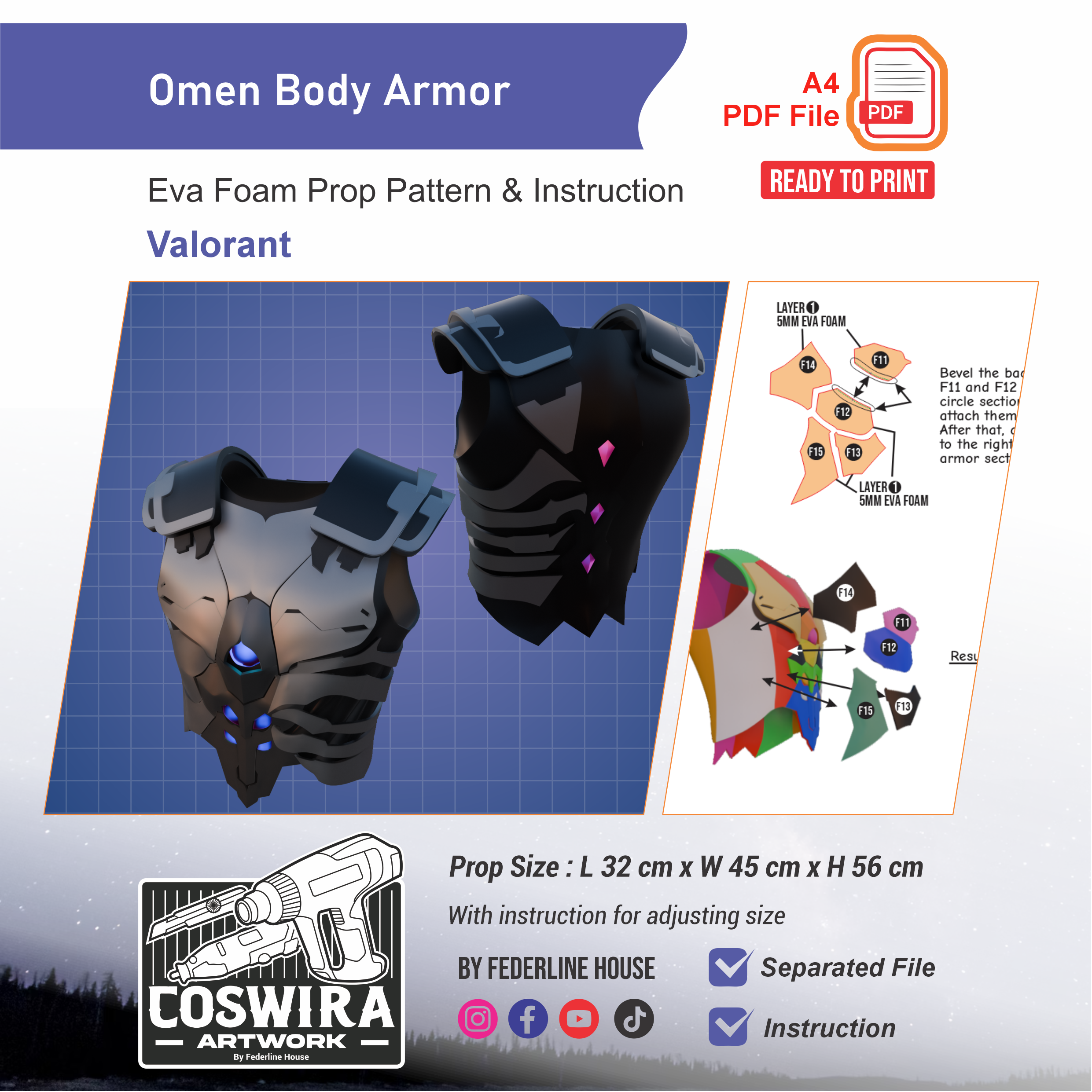 Omen Body Armor Prop Pattern – Template EVA Foam untuk Cosplay (Valorant)
