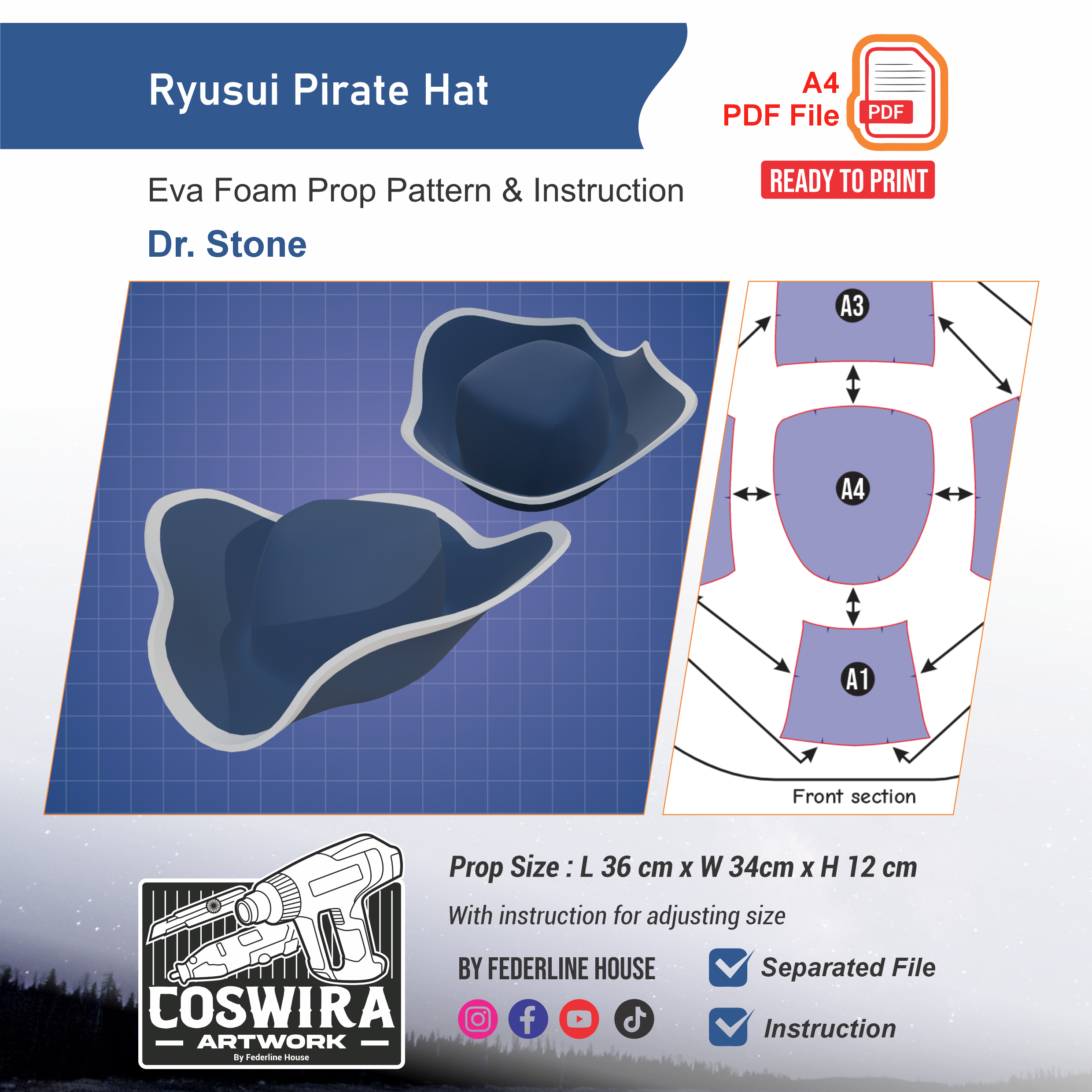 Ryusui Pirate Hat Prop Pattern β Template EVA Foam untuk Cosplay (Dr. STONE)