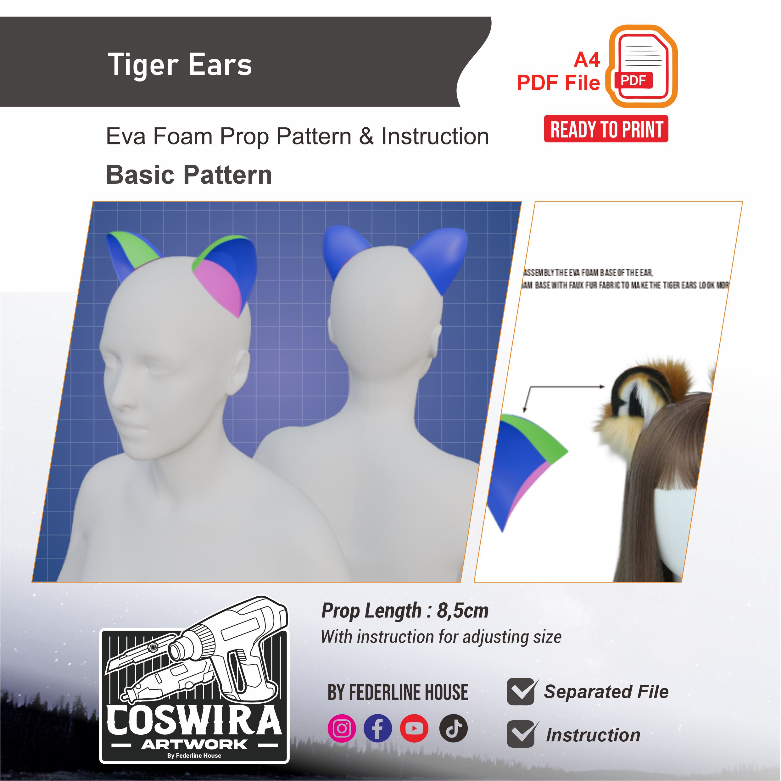 Tiger Ears Prop Pattern โ Template EVA Foam Basic Pattern untuk Cosplay