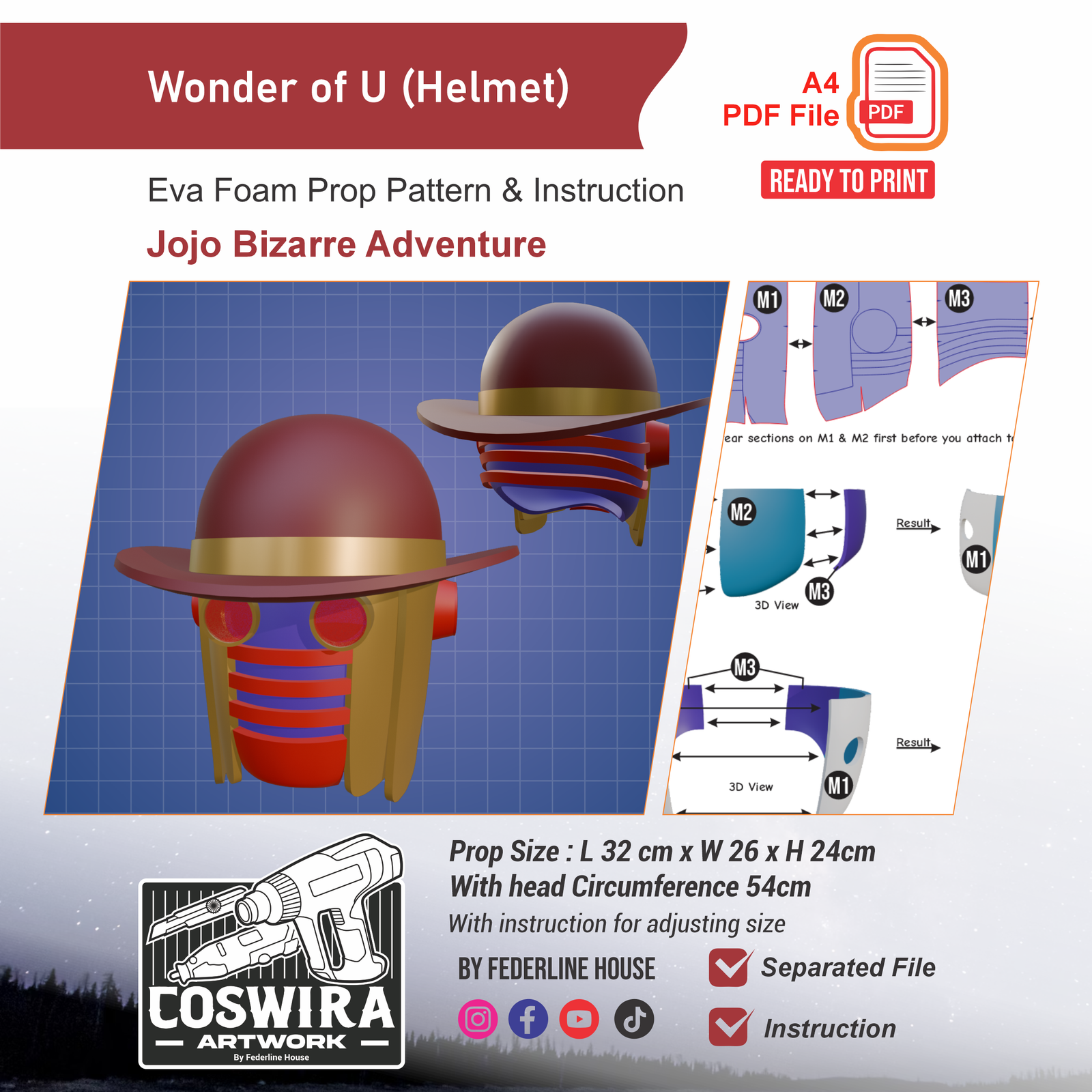 Wonder of U Helmet Prop Pattern β Template EVA Foam untuk Cosplay (JoJo's Bizarre Adventure)